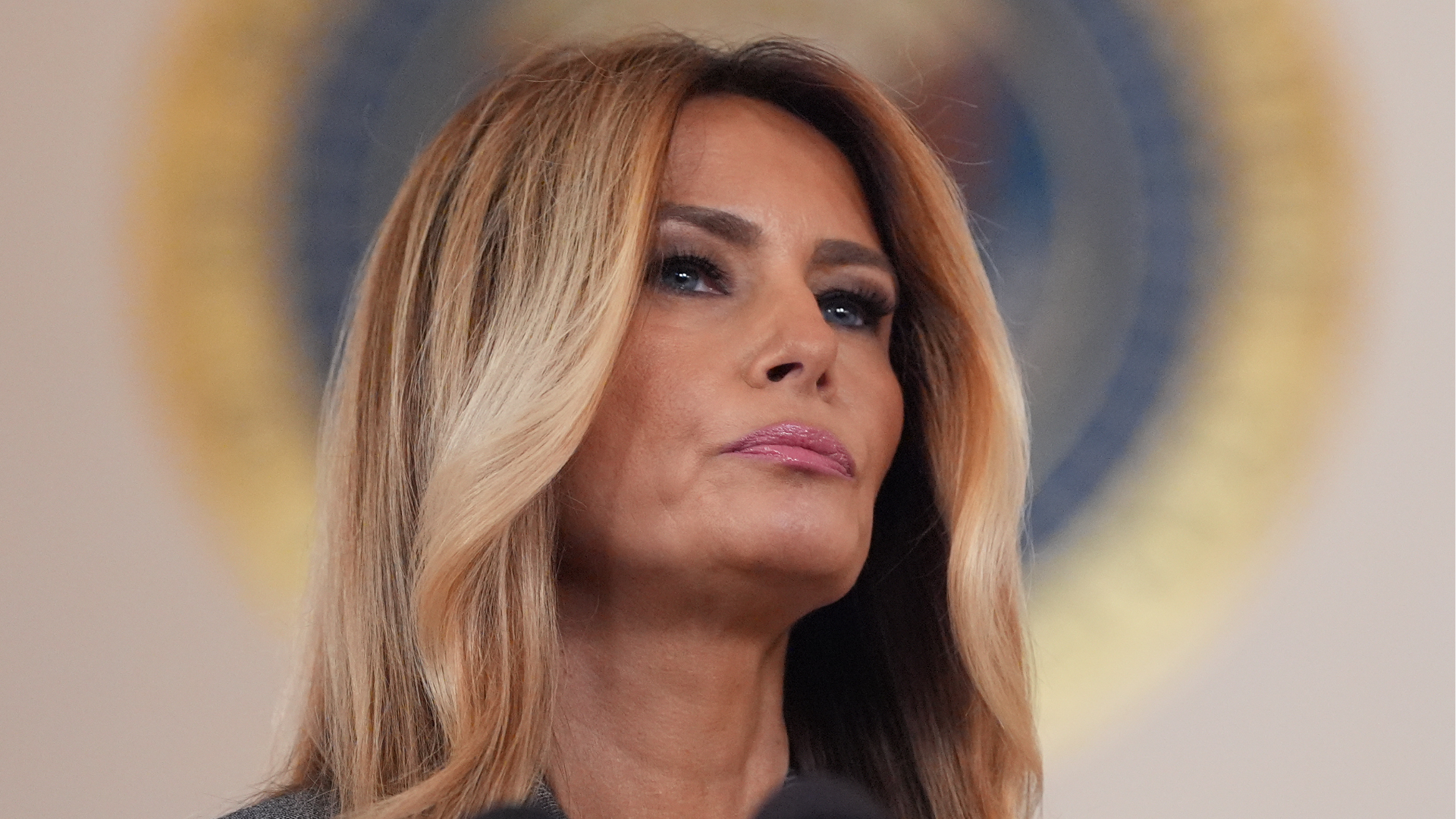First lady Melania Trump speaks to reporters Thursday, April 9, 2026, in the Grand Foyer of the White House in Washington.