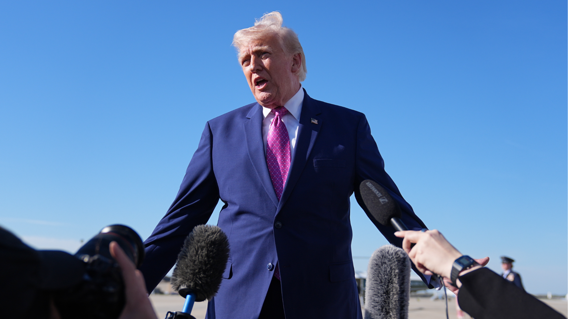 President Donald Trump talks with reporters before boarding Air Force One at Joint Base Andrews, Md., Friday, April 10, 2026, en route to Charlottesville, Va.