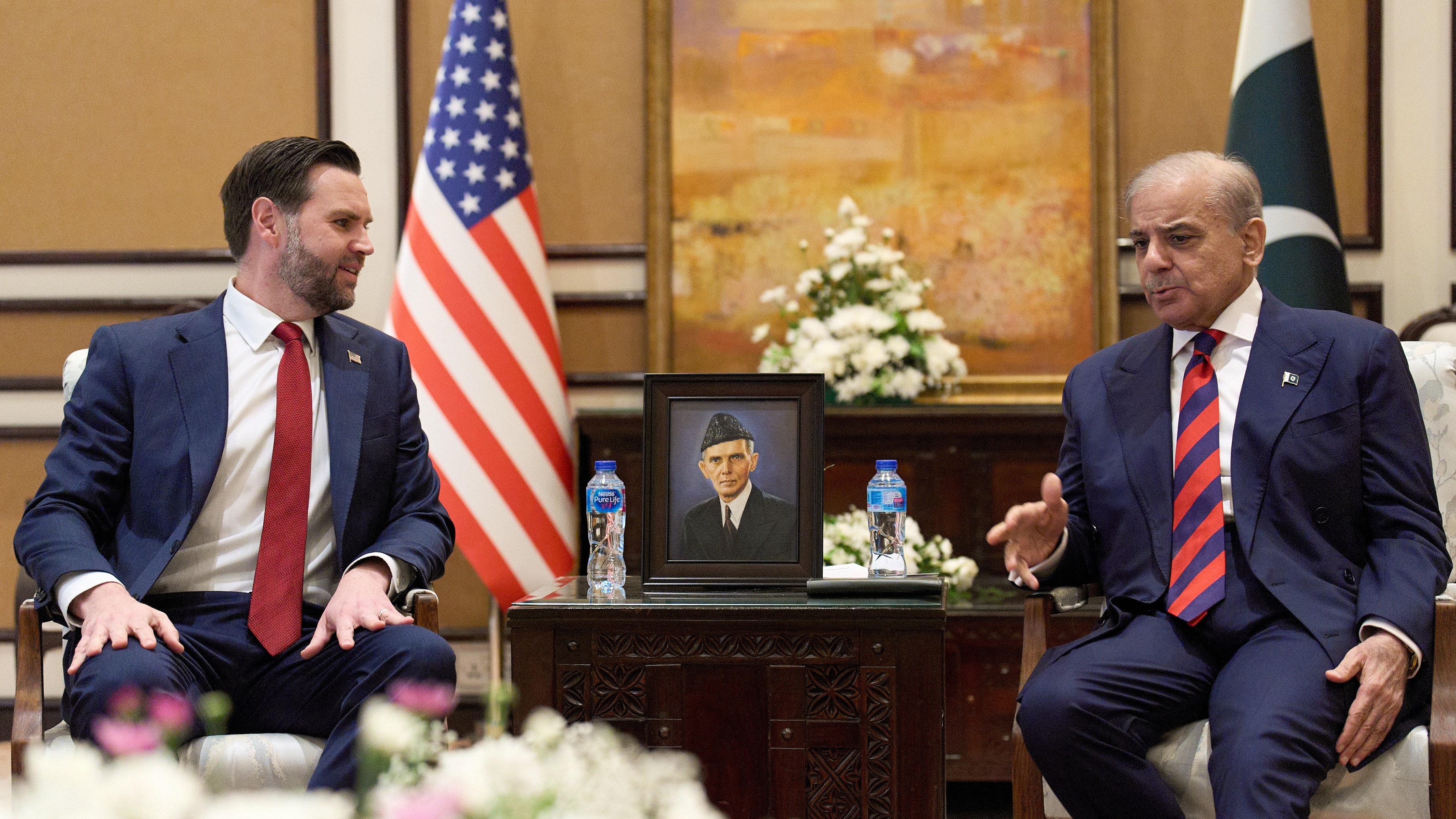 U.S. Vice President JD Vance meets with Pakistan's Prime Minister Shehbaz Sharif during their meeting, on April 11, 2026, at Islamabad, Pakistan.