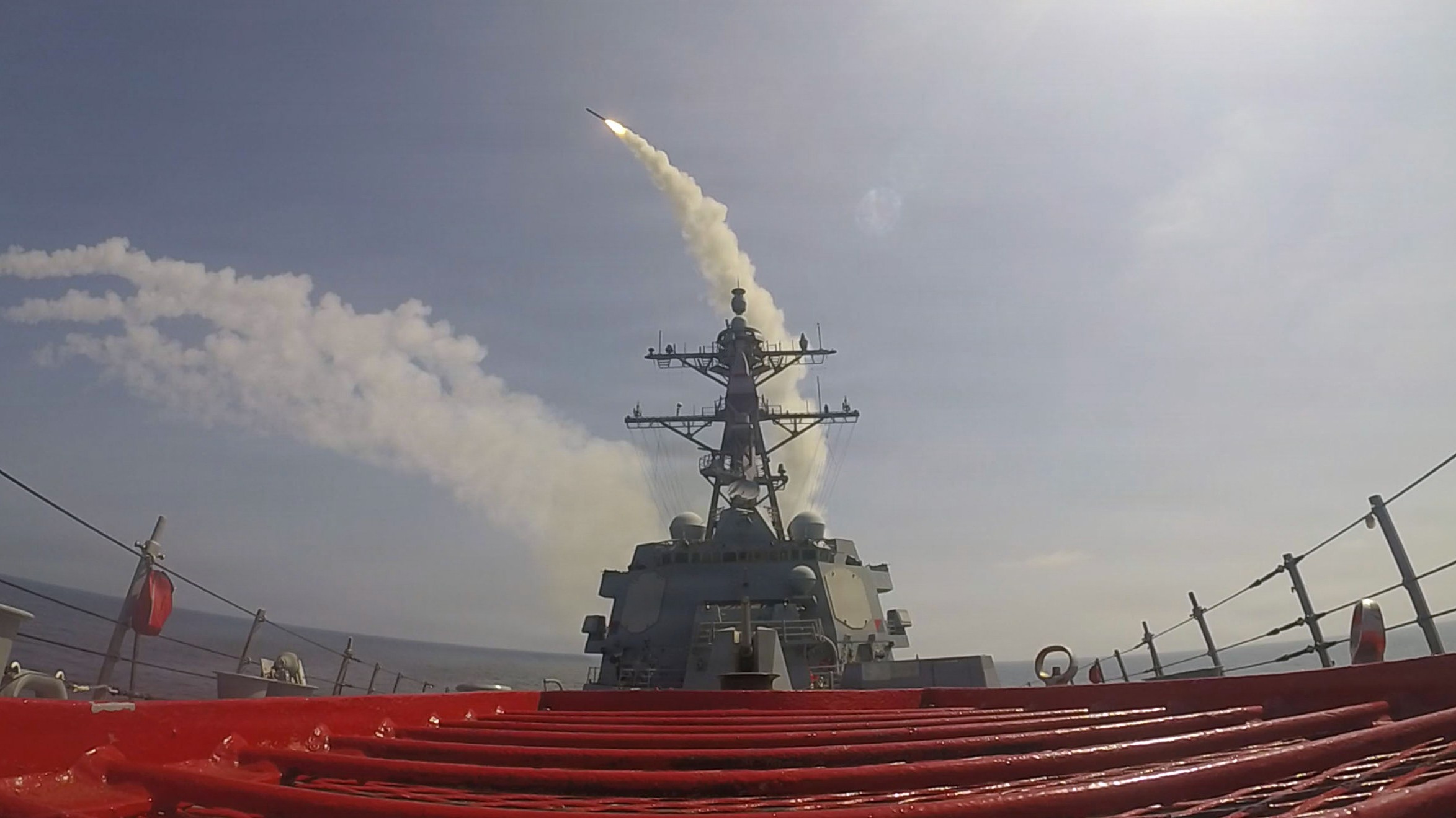 Guided-missile destroyer USS Frank E. Petersen Jr. (DDG 121)) fires a Tomahawk Land Attack Missile (TLAM) in support of Operation Epic Fury, on Saturday, Feb. 28, 2026.