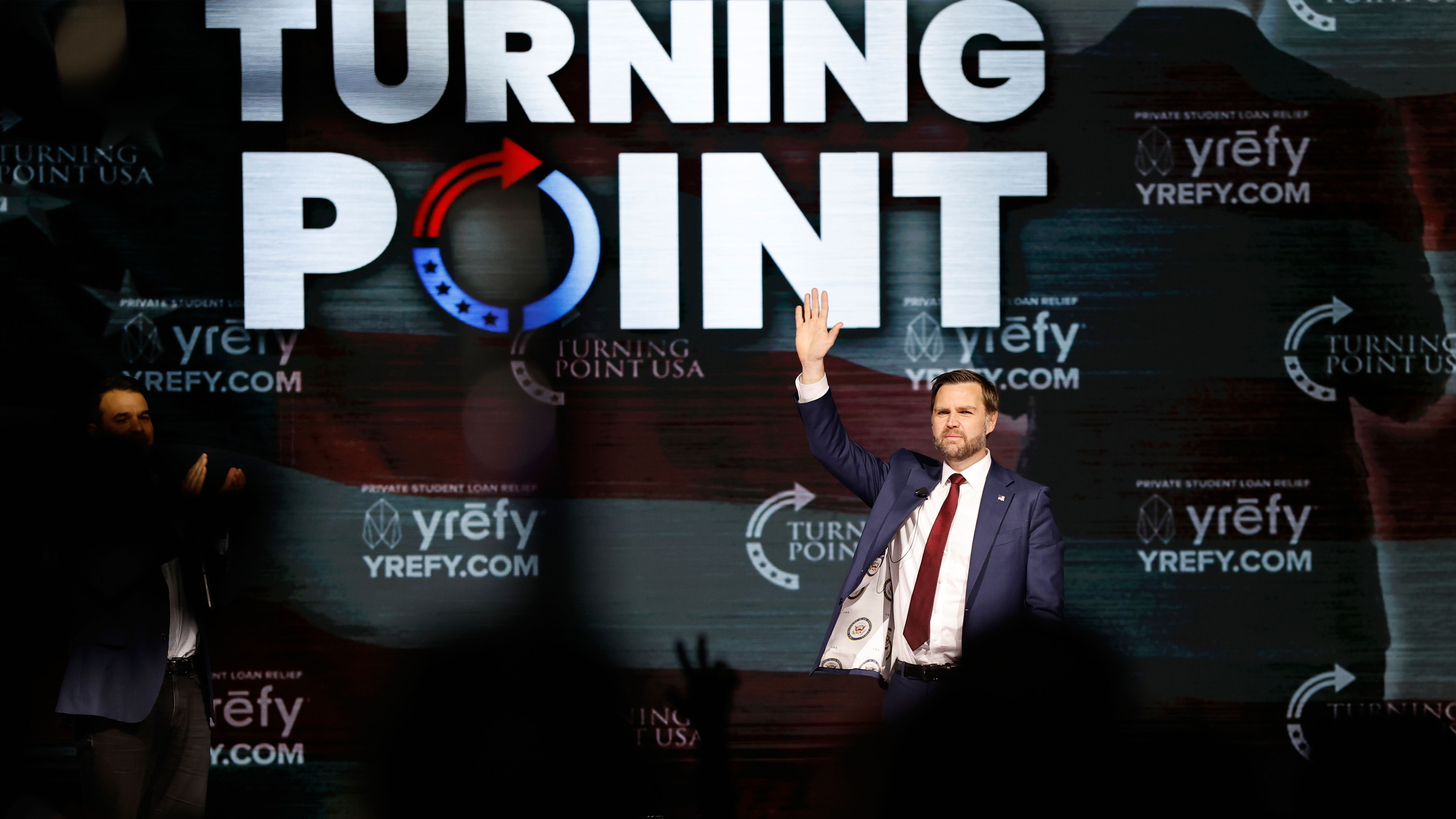 Vice President JD Vance waves after speaking at a Turning Point USA tour stop at the University of Georgia in Athens, Ga., Tuesday, April 14, 2026.