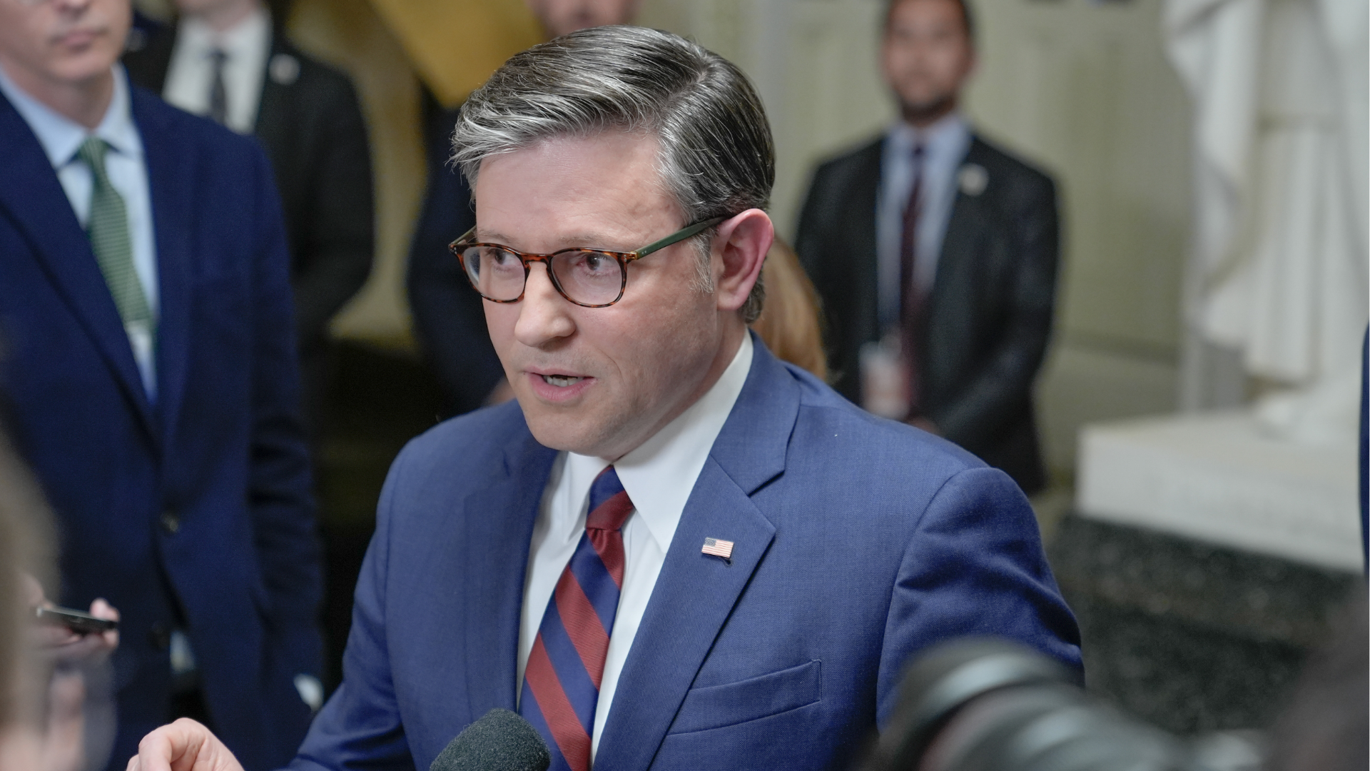 Speaker of the House Mike Johnson, R-La., speaks during a news conference on Capitol Hill, Friday, March 27, 2026, in Washington.