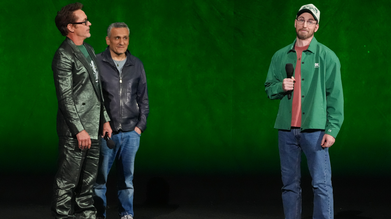 Robert Downey Jr., Joe Russo and Chris Evans are pictured talking about "Avengers: Doomsday" at the Walt Disney Studios presentation at CinemaCon in Las Vegas on April 16, 2026.