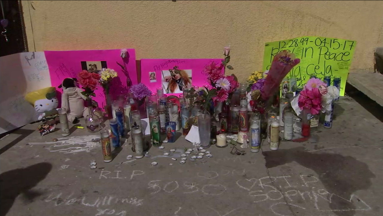 A makeshift memorial is shown at the site where 17-year-old Sofia Ceja was killed in a triple shooting in Moreno Valley.