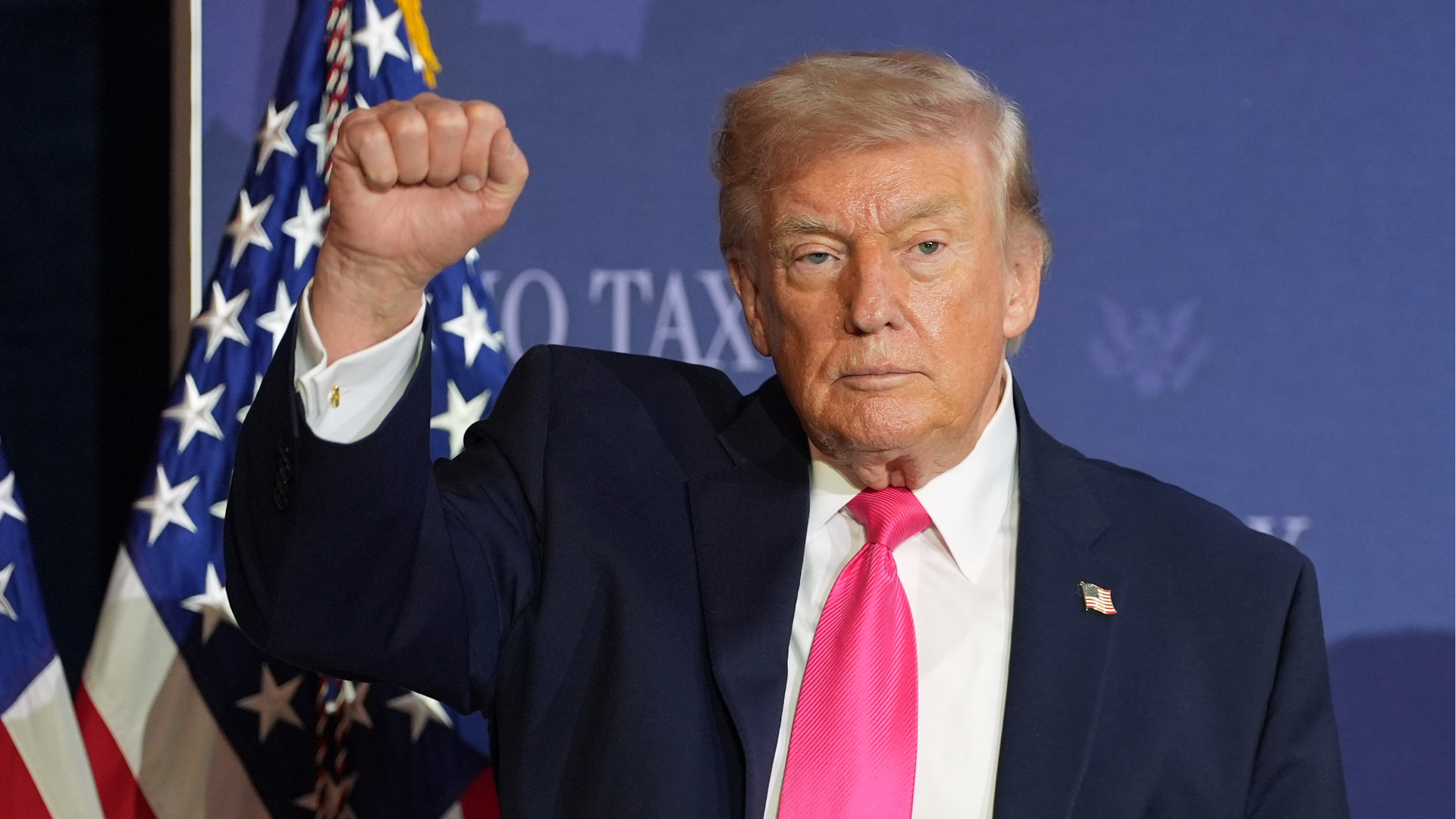 President Donald Trump gestures after a roundtable event about no tax on tips, Thursday, April 16, 2026, in Las Vegas.
