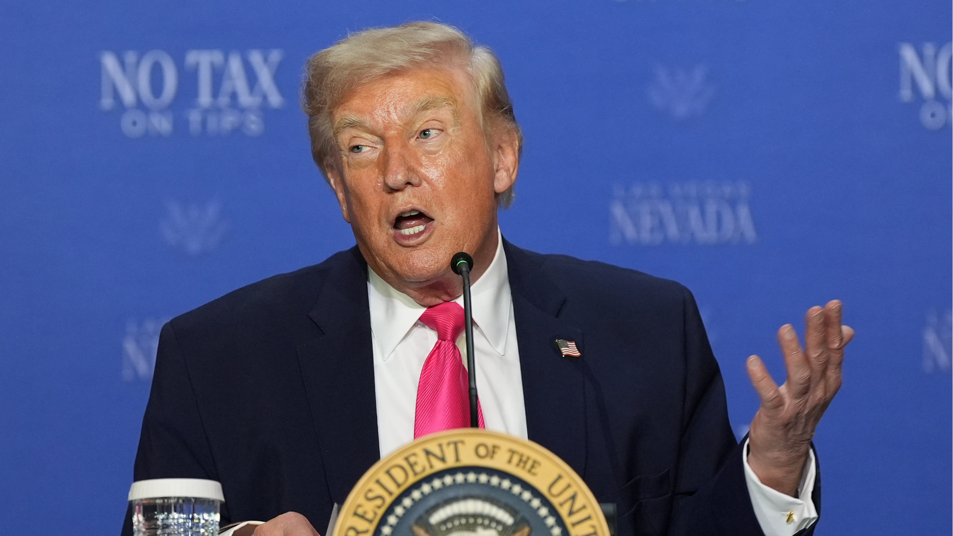 President Donald Trump speaks at a roundtable event about no tax on tips, Thursday, April 16, 2026, in Las Vegas.