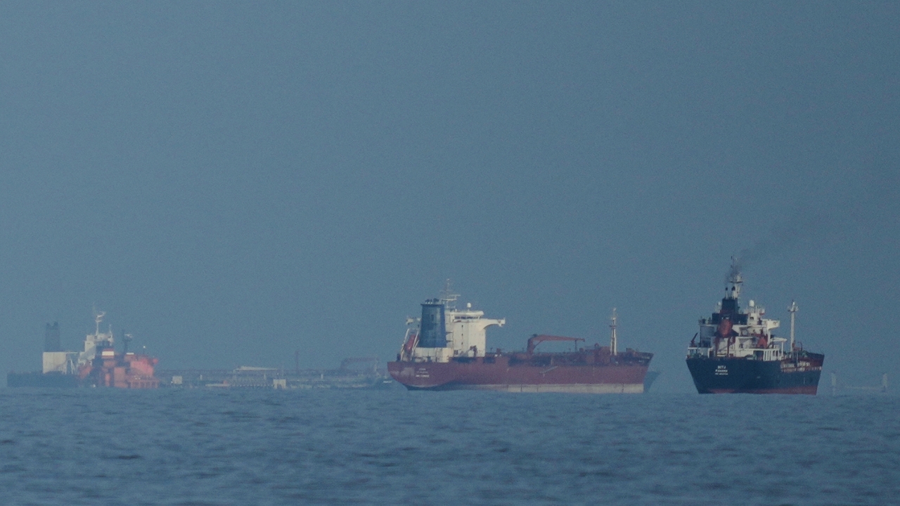 FILE - Oil tankers and cargo ships line up in the Strait of Hormuz as seen from Khor Fakkan, United Arab Emirates, Wednesday, March 11, 2026.