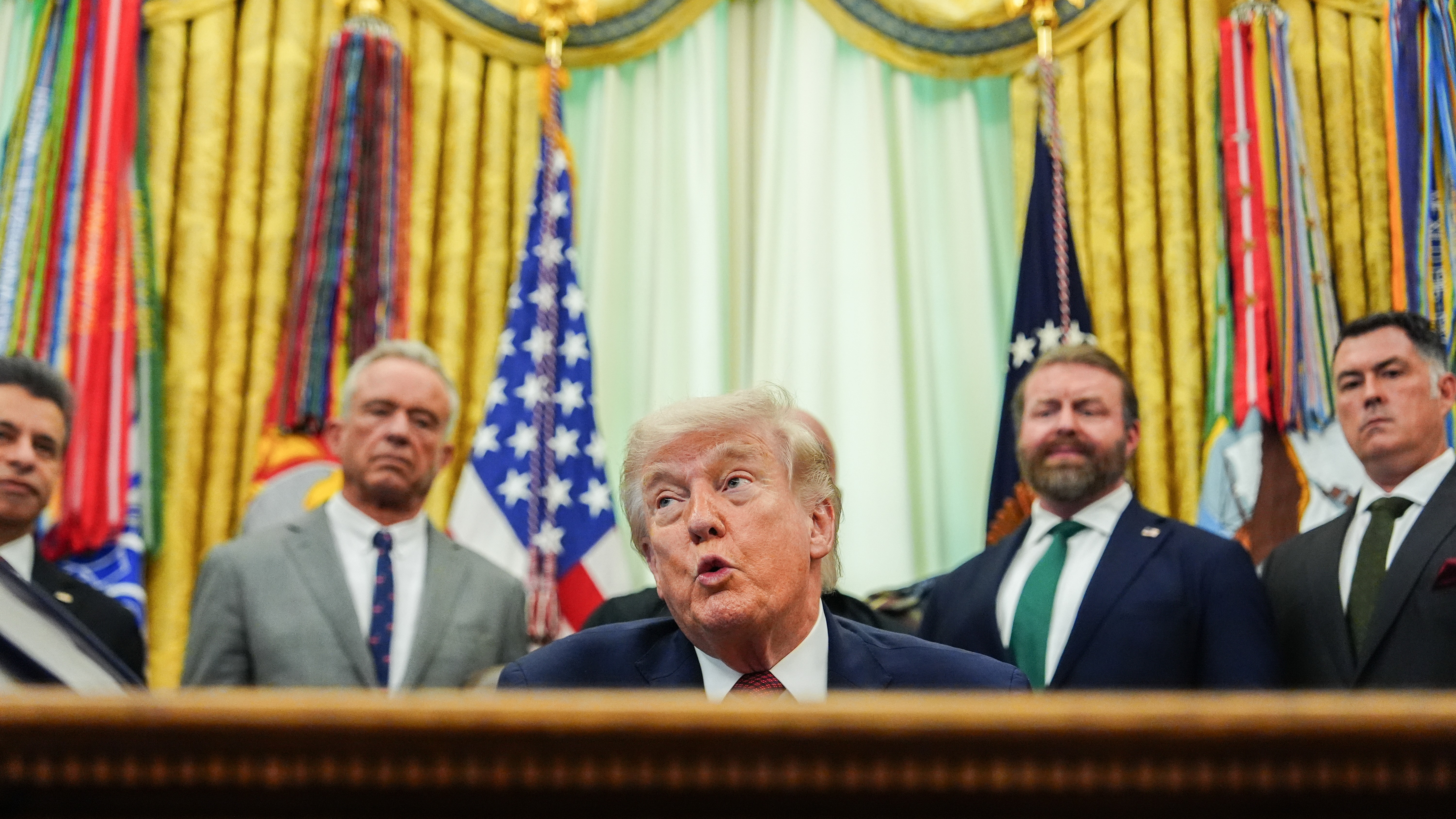 President Donald Trump speaks in the Oval Office of the White House, Saturday, April 18, 2026, in Washington.