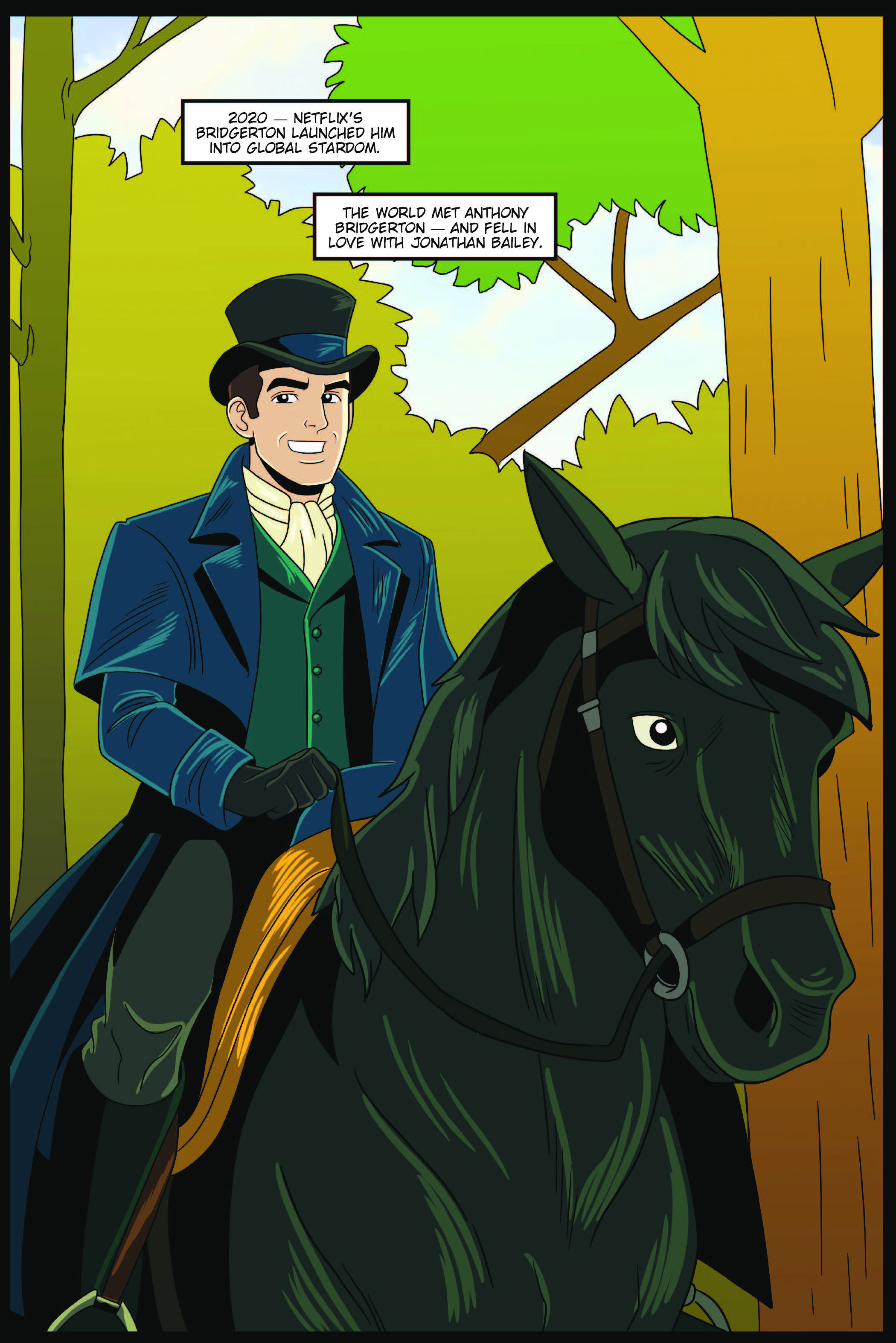 A page from "FAME: Jonathan Bailey," written by Darren G. Davis and with illustrations by Roe Mêsquita