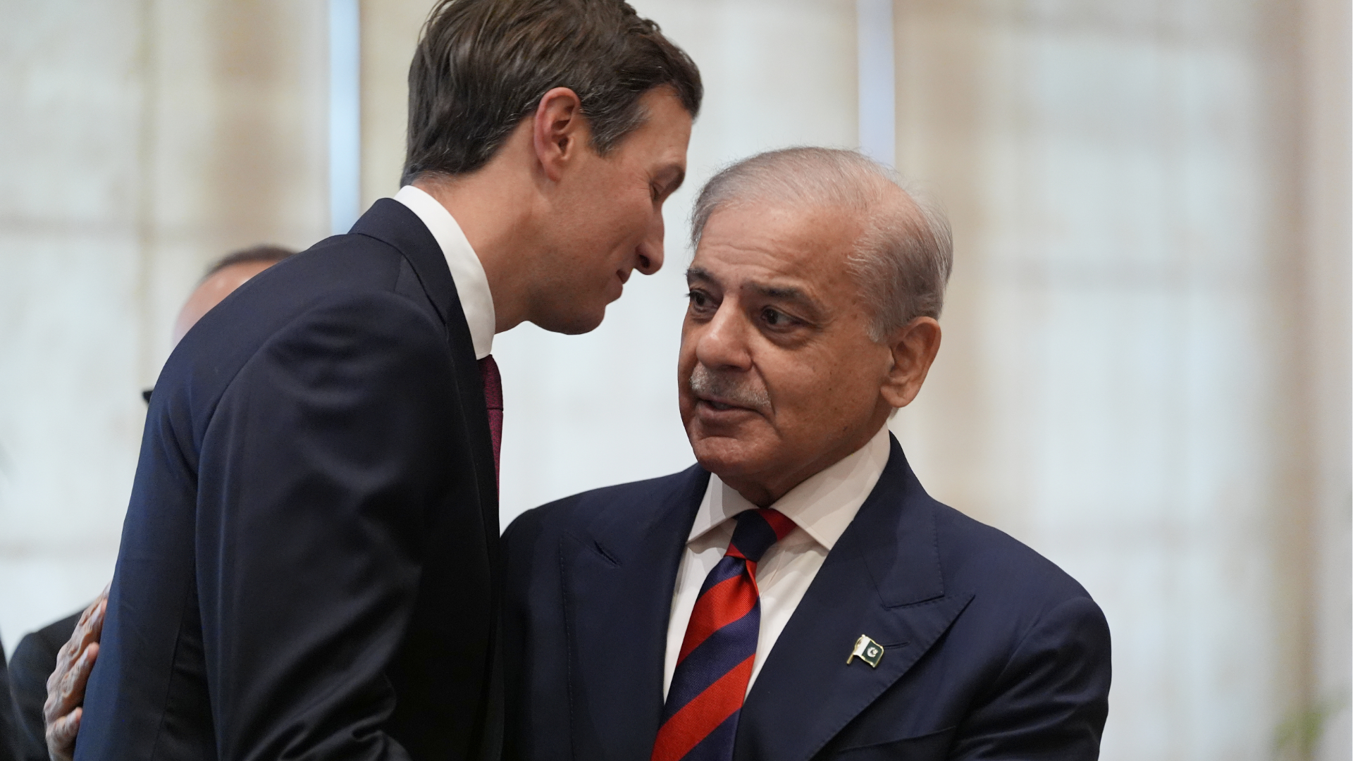 Jared Kushner, left, and Pakistan's Prime Minister Shehbaz Sharif, greet each other, Saturday, April 11, 2026, in Islamabad, Pakistan for talks about Iran.
