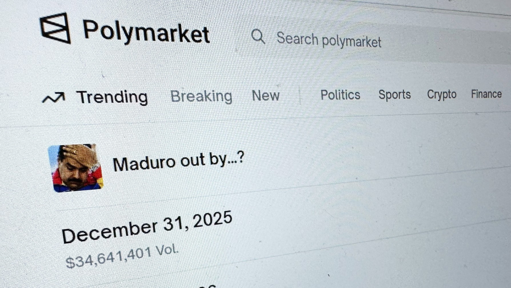 The Polymarket prediction market website is displayed on a computer screen, Jan. 11, 2026, in New York.