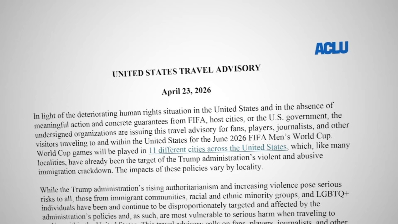 Civil rights organizations issue travel advisory for fans ahead of 2026 World Cup: What to know