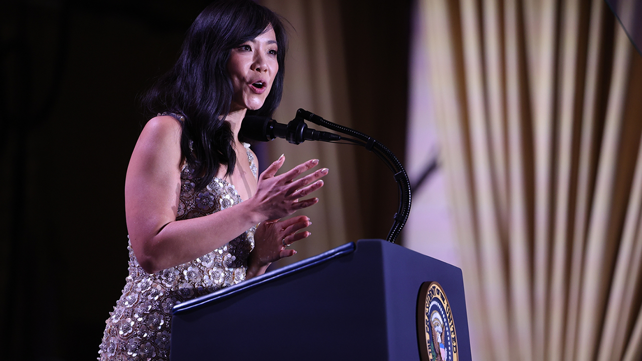 Weijia Jiang, president of the White House correspondents' association, speaks at the annual White House Correspondents Dinner on Saturday, April 25, 2026, in Washington.