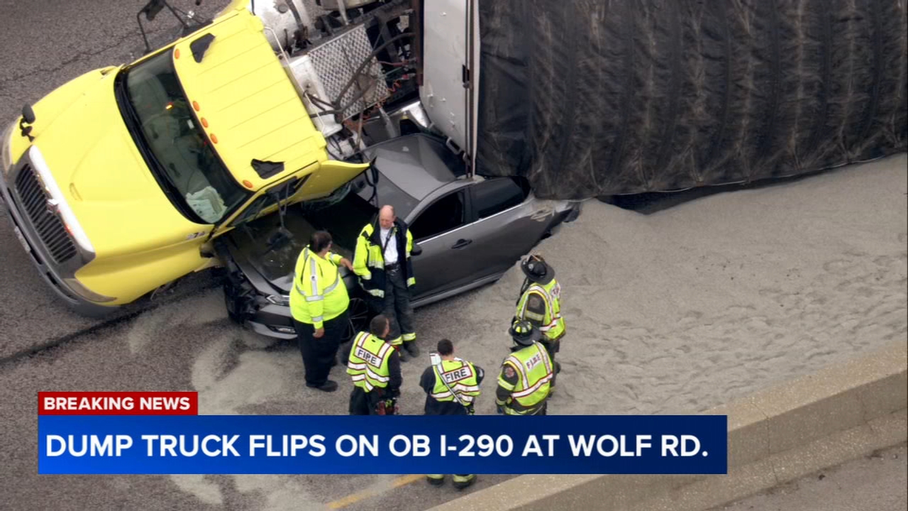 Dump truck rolls onto car on Eisenhower Expressway in west suburbs, video shows
