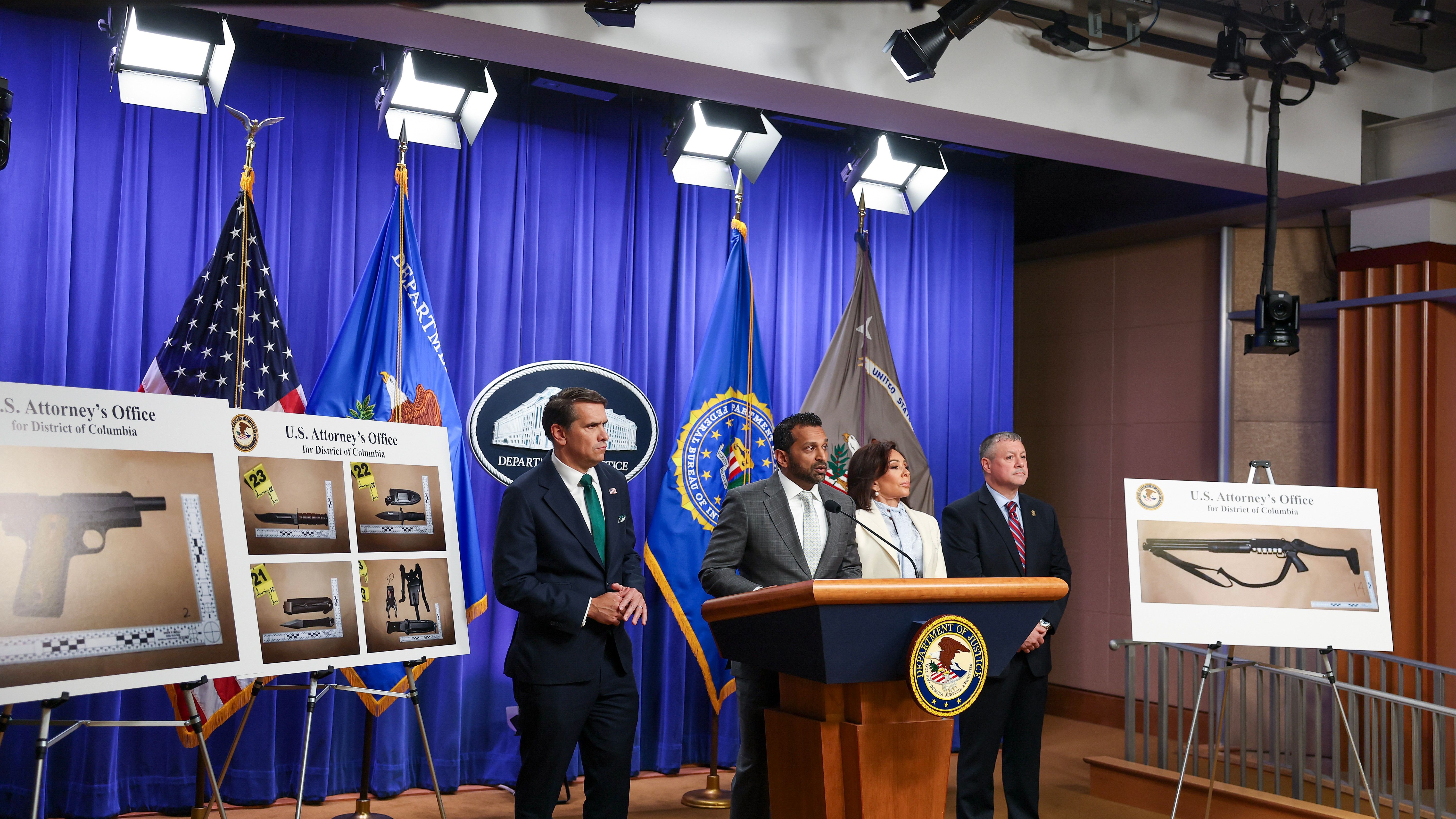 FBI Director Kash Patel speaks as Acting Attorney General Todd Blanche, Jeanine Pirro, and Darren Cox listen at a press conference at the Department of Justice on April 27, 2026.