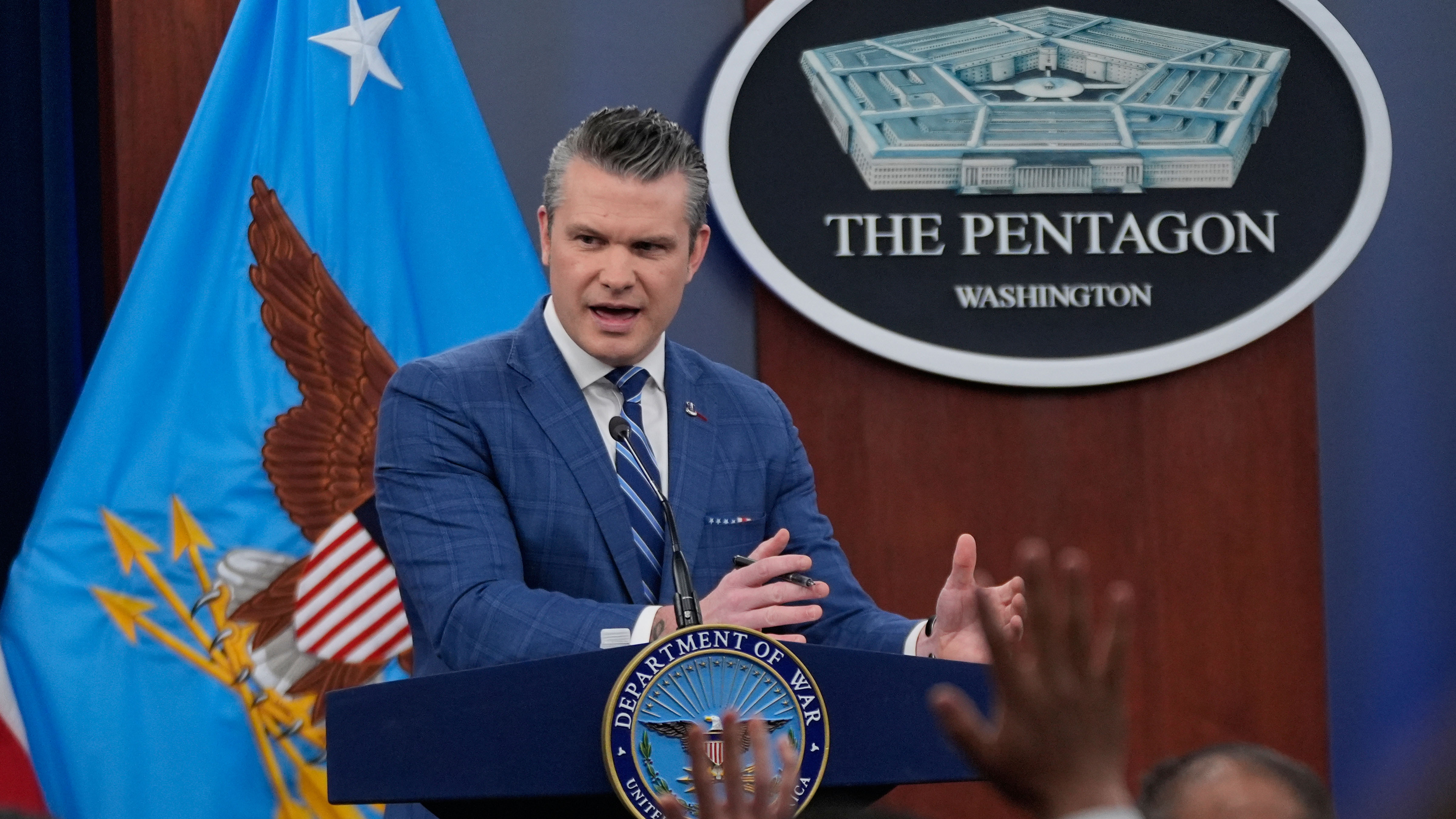 Defense Secretary Pete Hegseth speaks to members of the media during a press briefing at the Pentagon in Washington, Wednesday, April 8, 2026. 