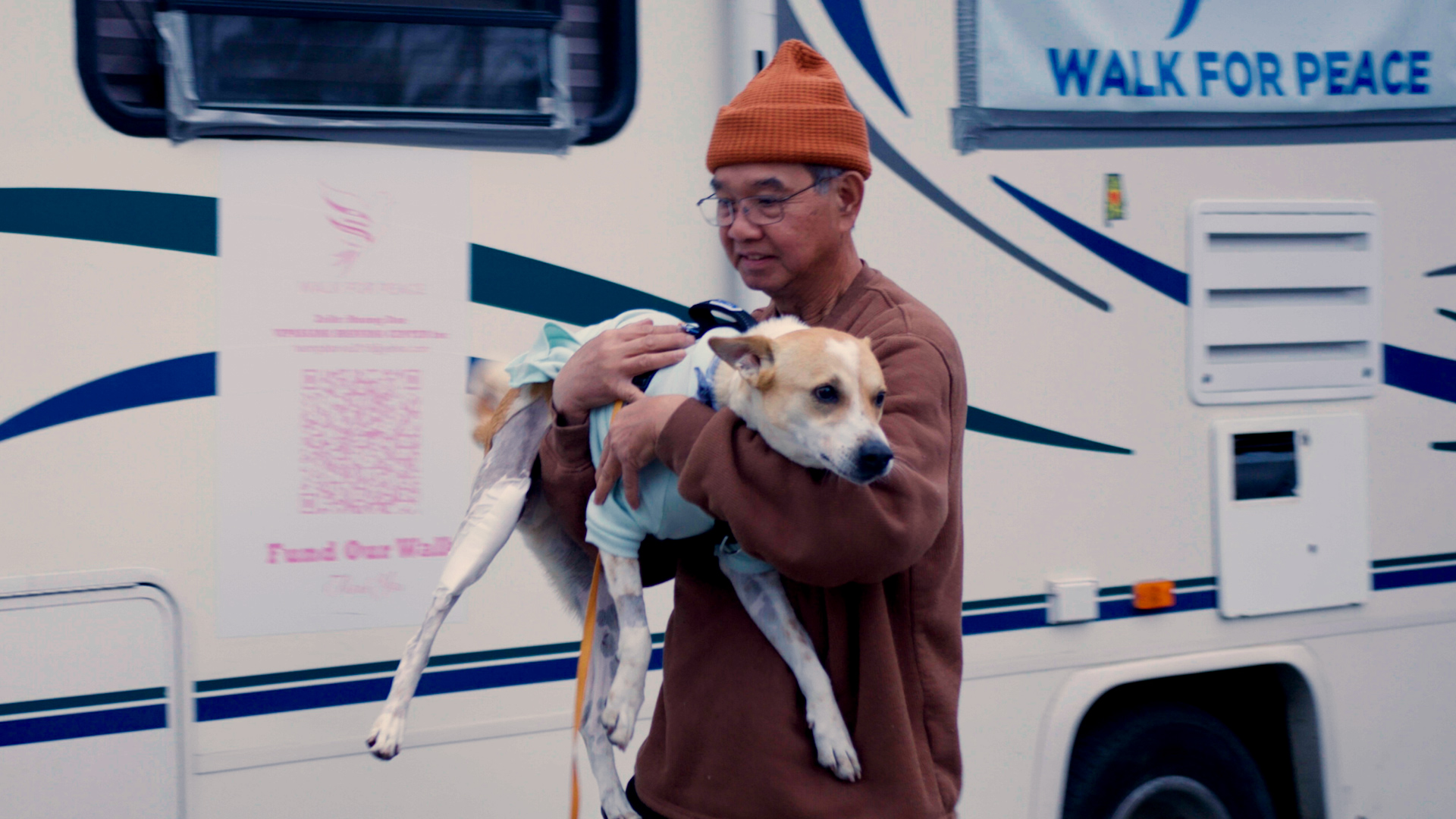A volunteer carries Aloka, a favorite among Walk for Peace followers, during a stop in Chatham County. He was healing from surgery and later got laser therapy from a Cary vet.