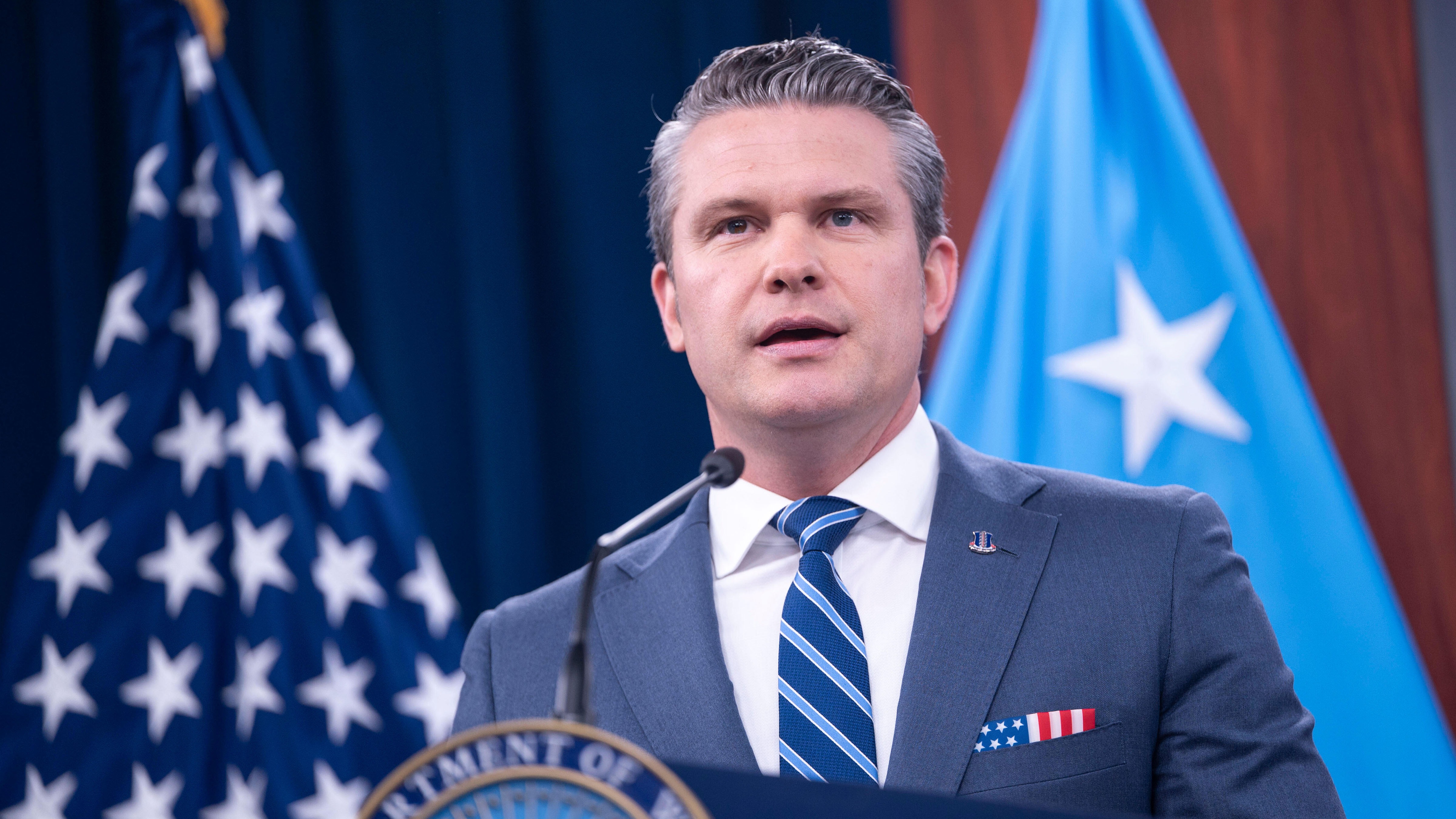 Defense Secretary Pete Hegseth speaks to members of the media during a press briefing at the Pentagon, Thursday, April 16, 2026 in Washington.