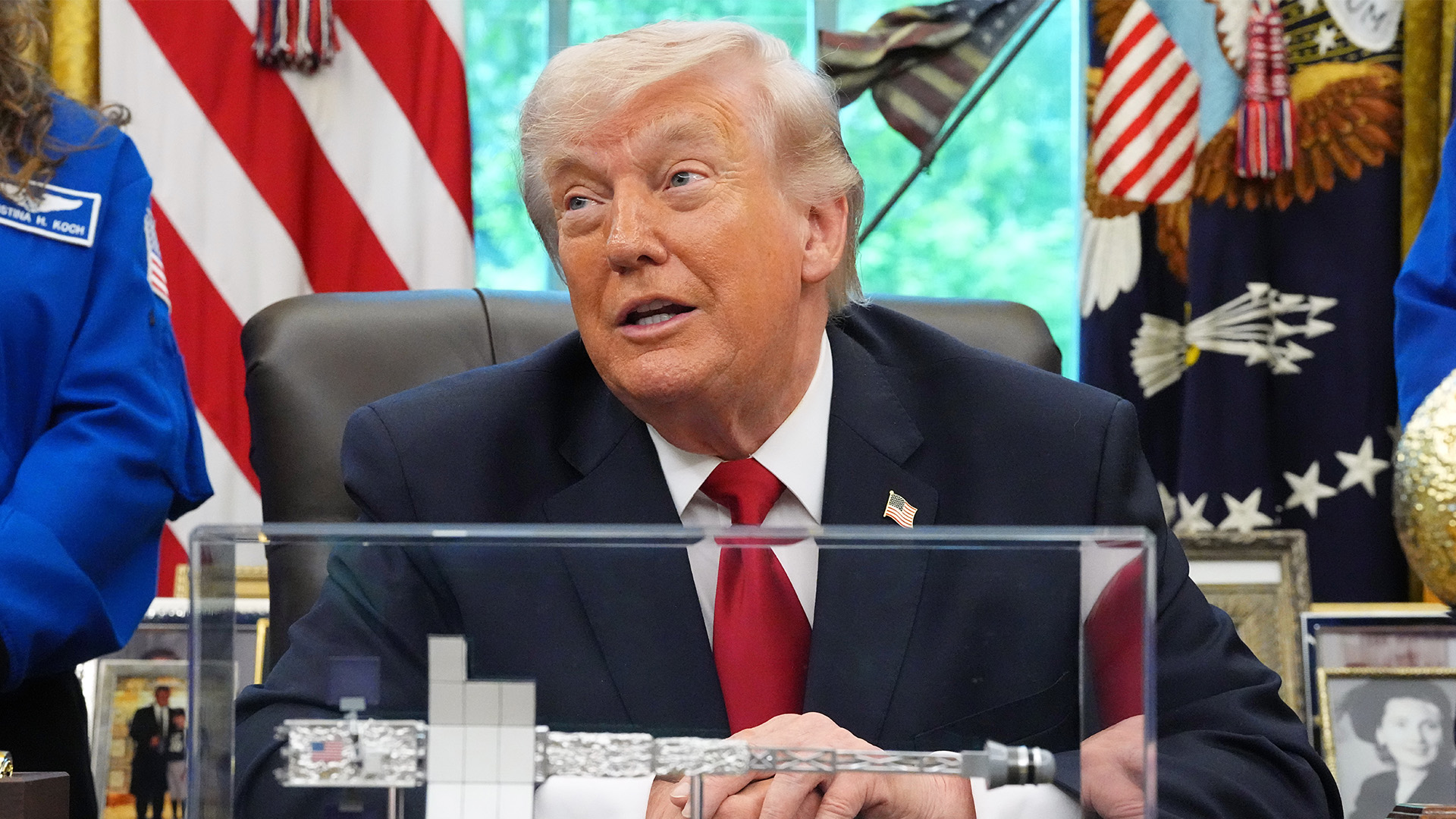 President Donald Trump is seen in the Oval Office of the White House, Wednesday, April 29, 2026, in Washington.