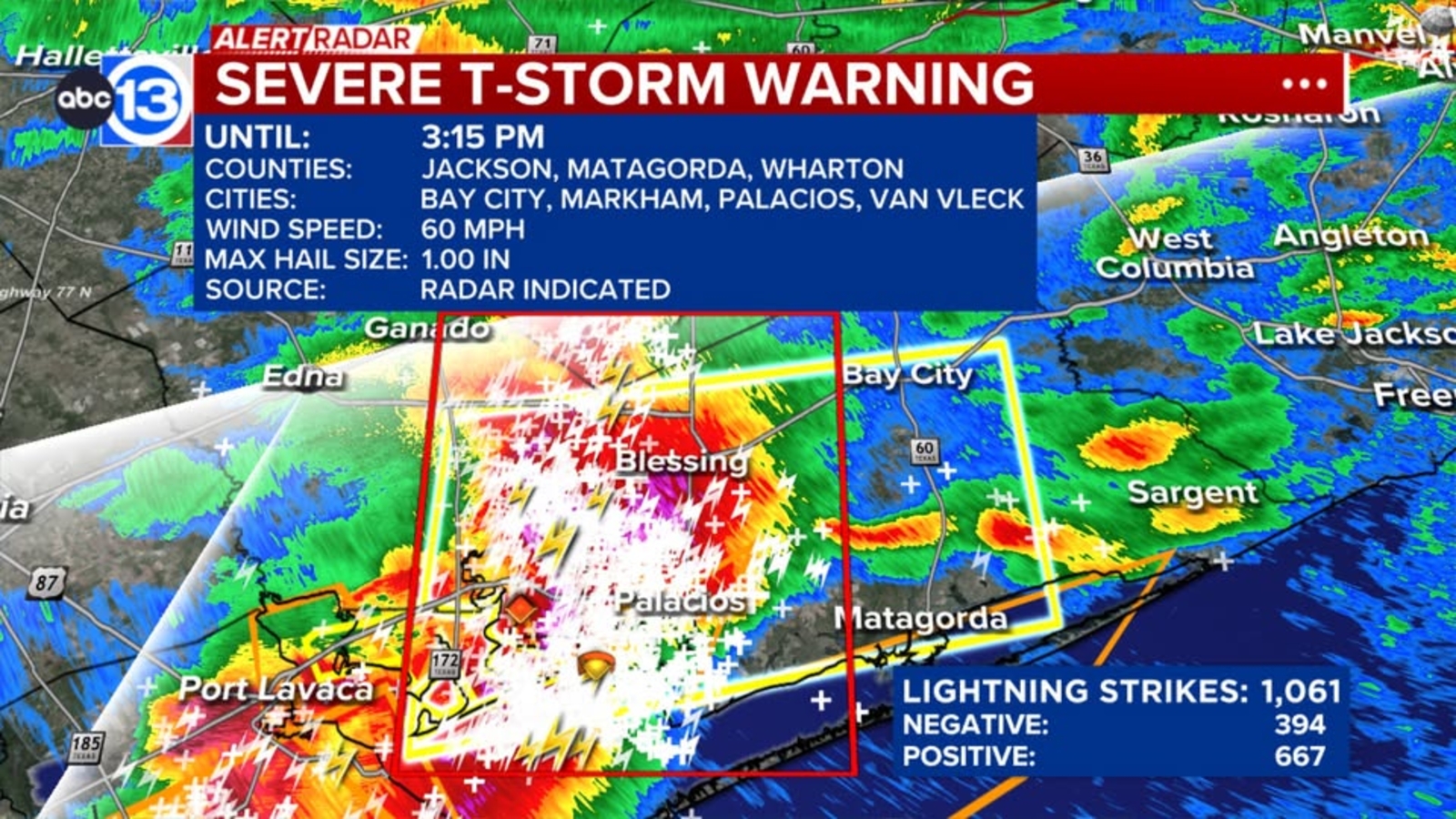Severe hailstorm over Matagorda County reported moving at 50 miles per hour