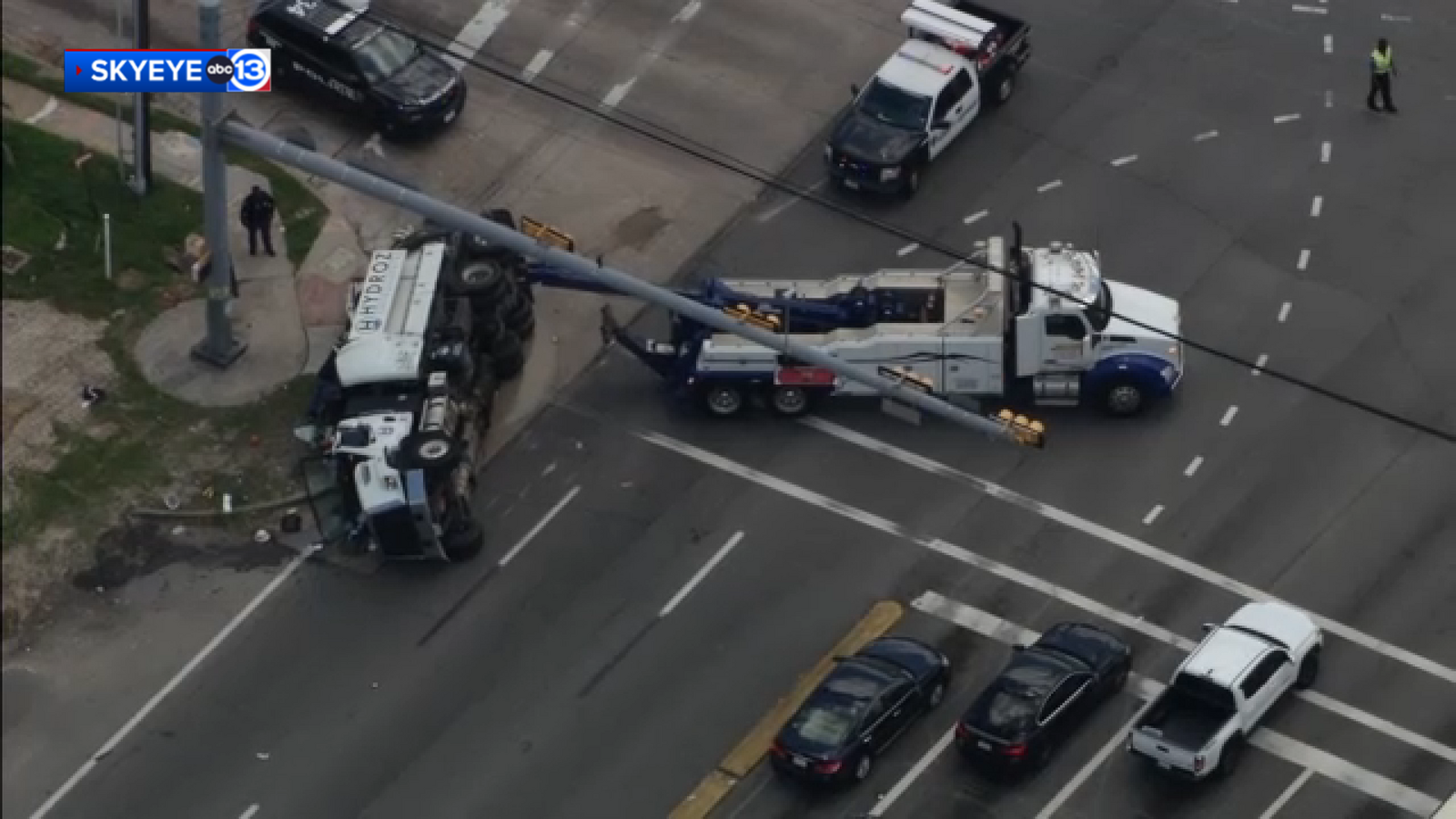 SkyEye13 shows emergency crews responding to overturned tanker on Highway 6 at Westheimer Road
