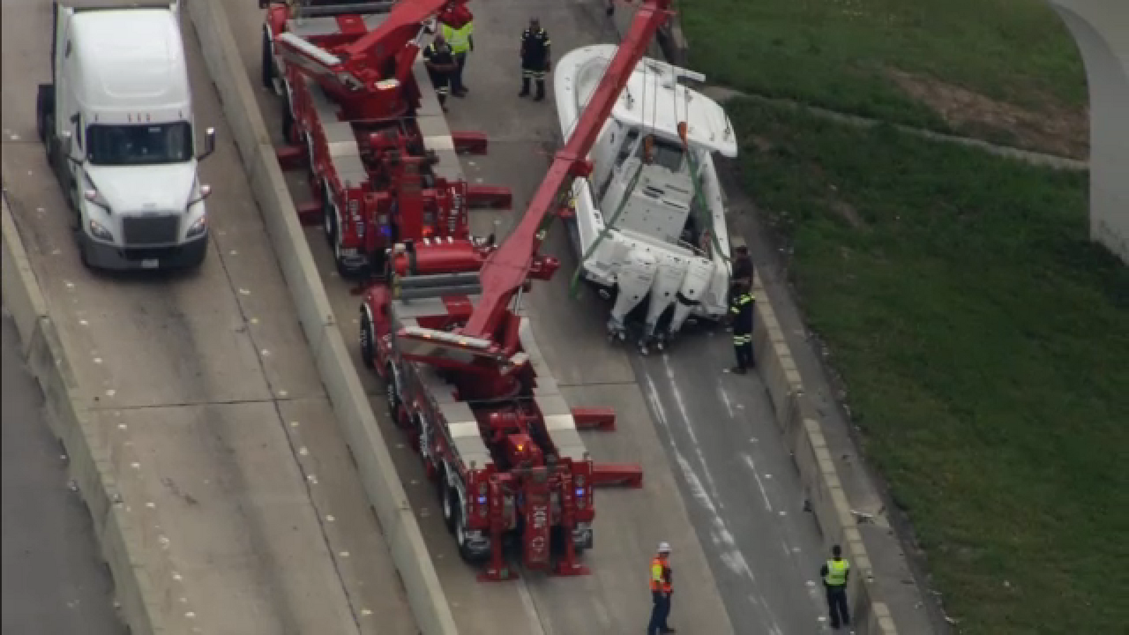 Crews working to move fishing boat on SH 146 after crash involving lost load, SkyEye13 images show