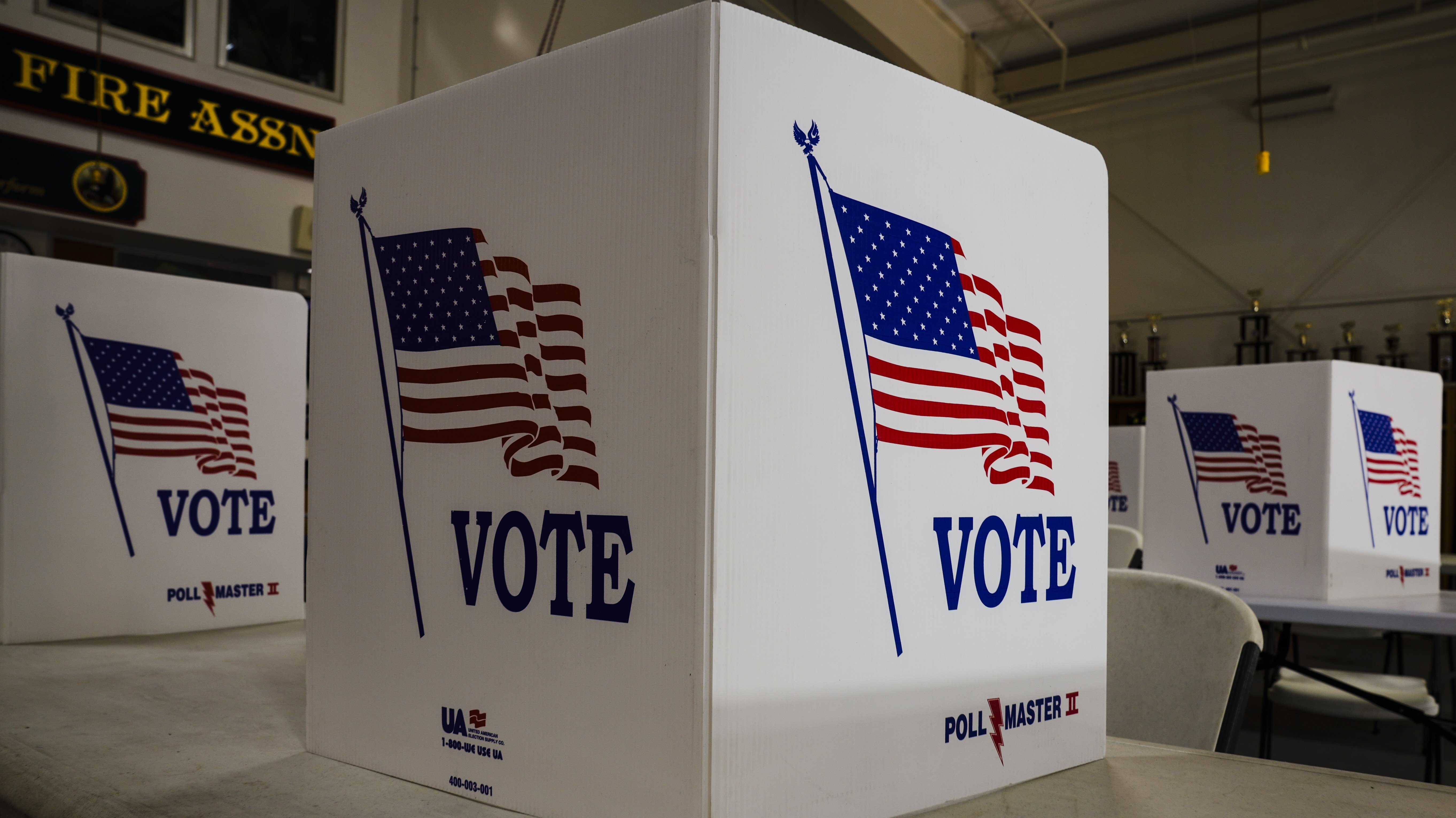 FILE - Voting booths are set up at a polling place in Newtown, Pa., Tuesday, April 23, 2024.