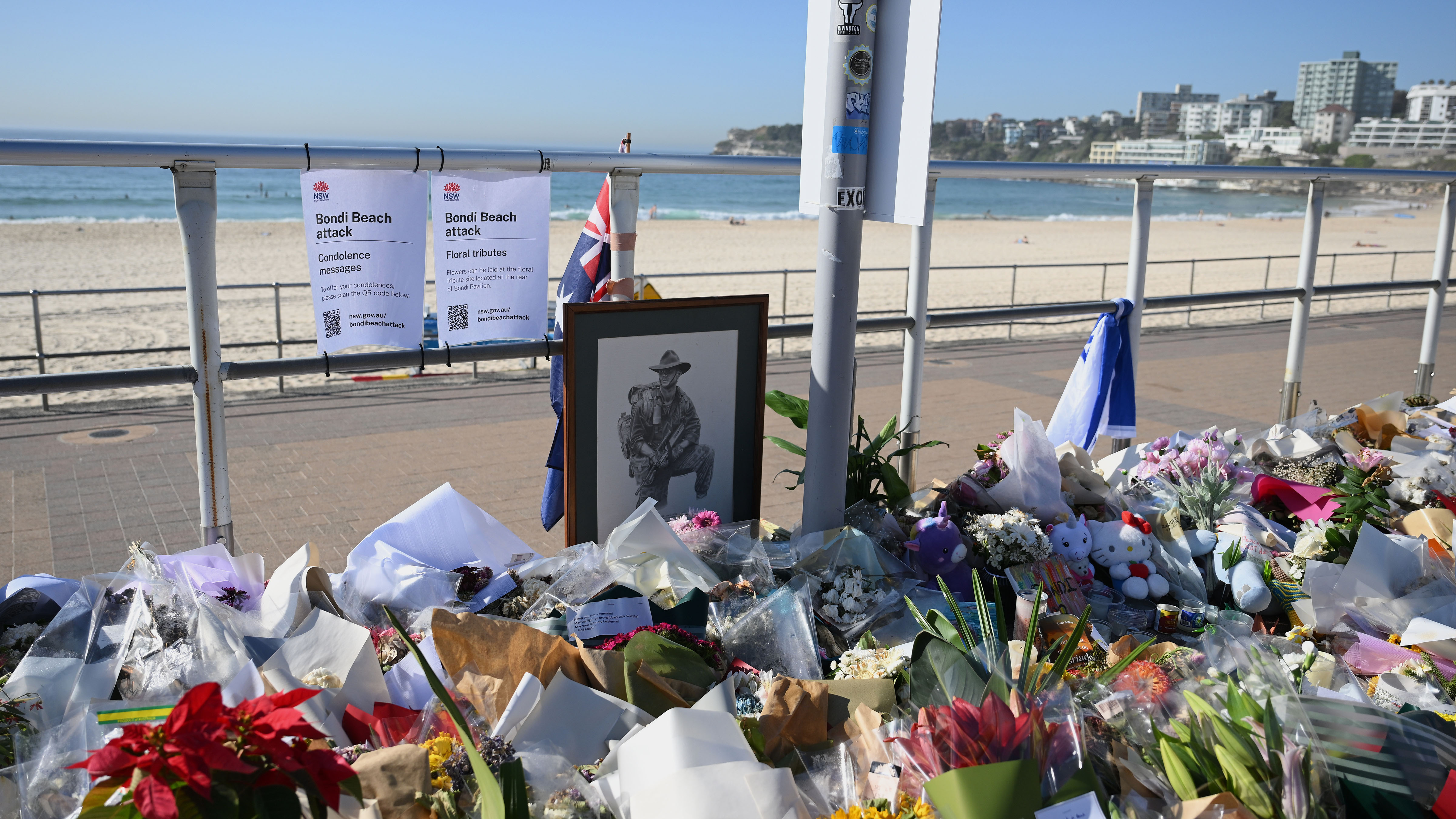 A floral tribute on the promenade at Bondi Beach in Sydney, Friday, Dec. 19, 2025, following Sunday's shooting. 