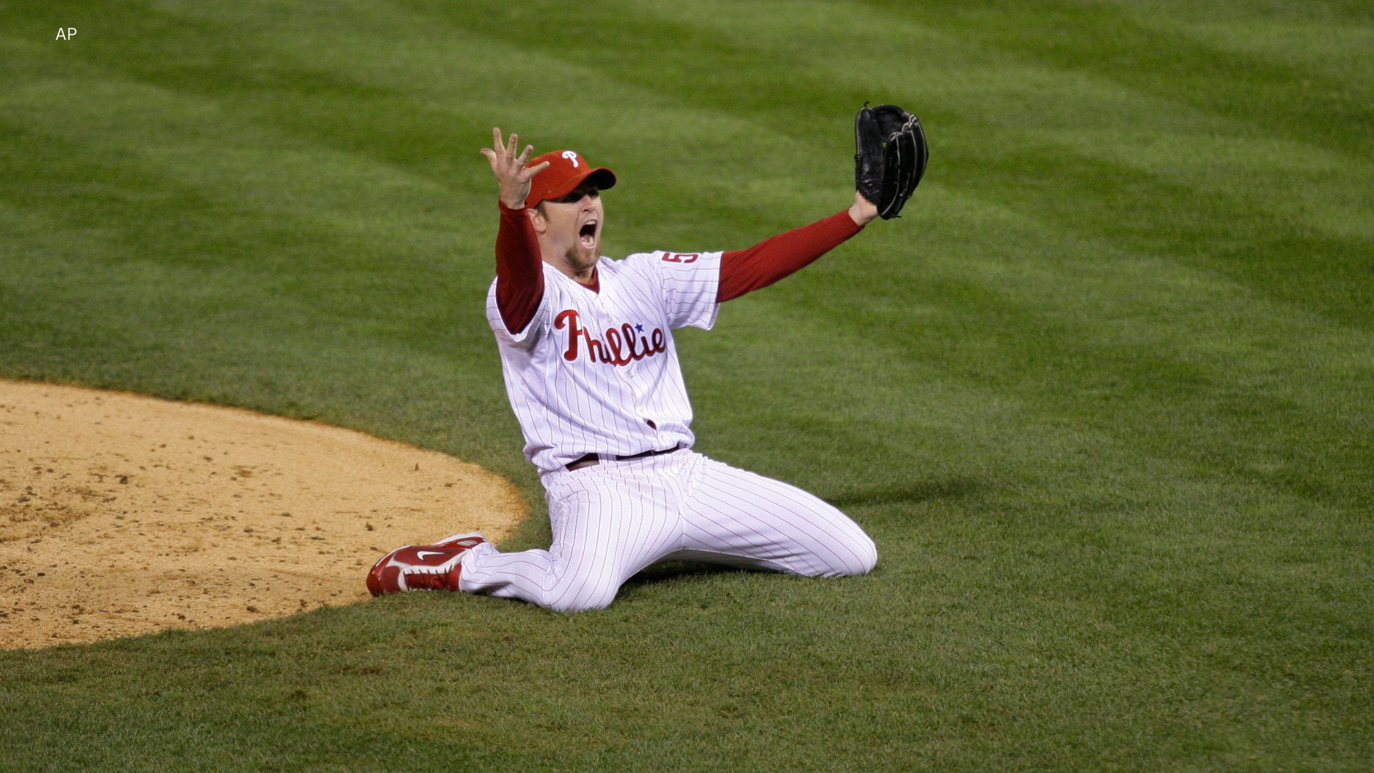 Philadelphia Phillies' Brad Lidge reacts after their victory in Game 5 of the baseball World Series in Philadelphia, Wednesday, Oct. 29, 2008.