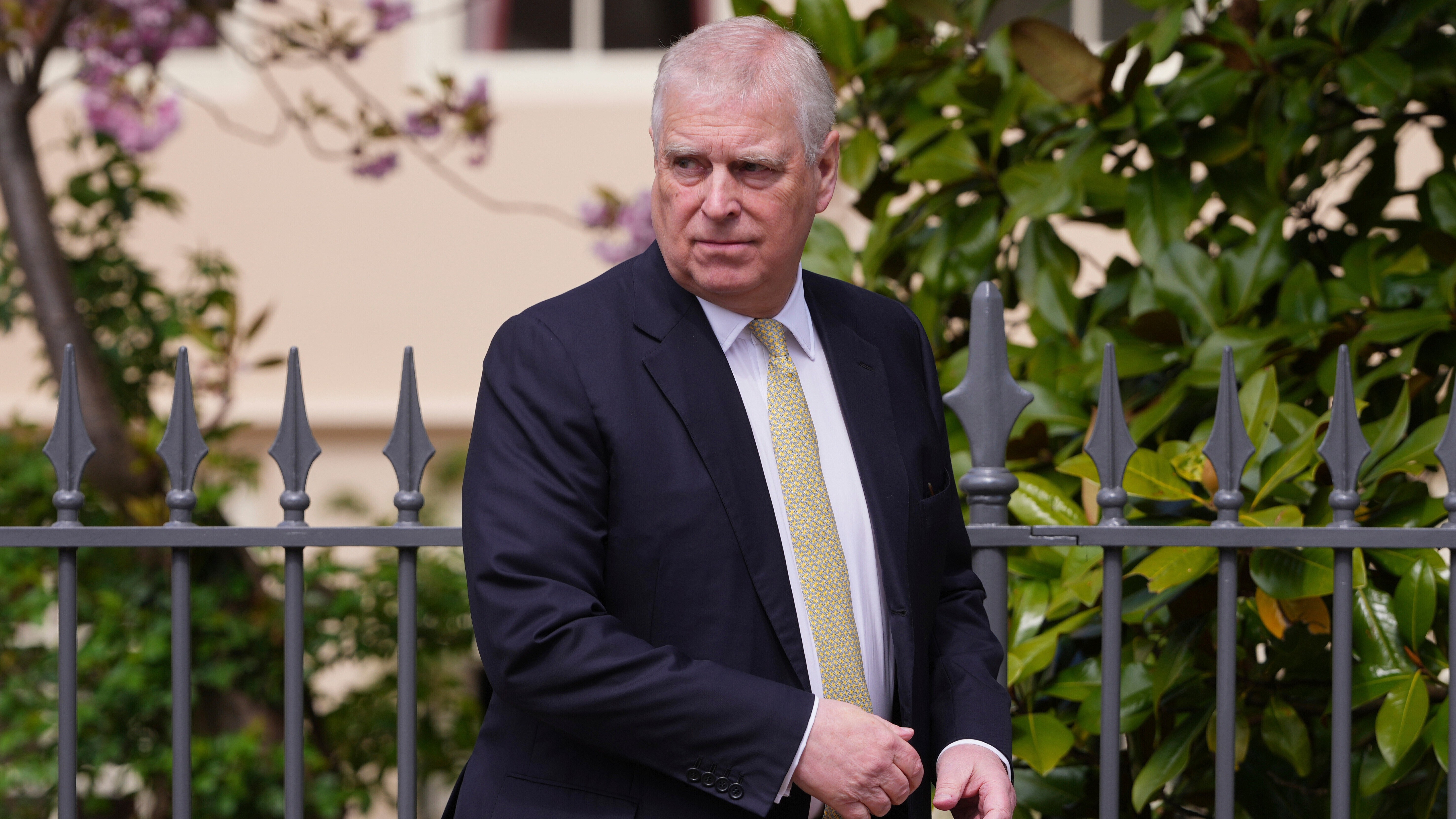 Britain's Andrew Mountbatten-Windsor, formerly known as Prince Andrew, looks round as he leaves after attending the Easter Matins Service at St. George's Chapel