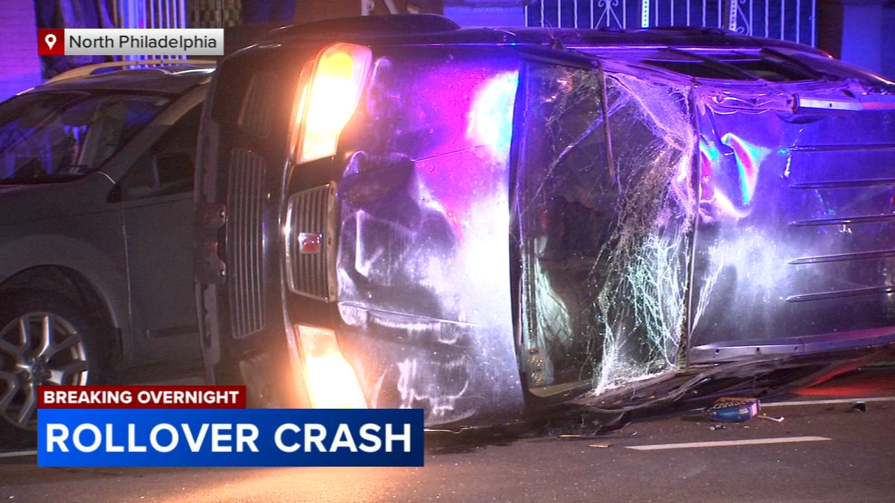 Driver slams into 2 parked cars before rolling over in North Philadelphia