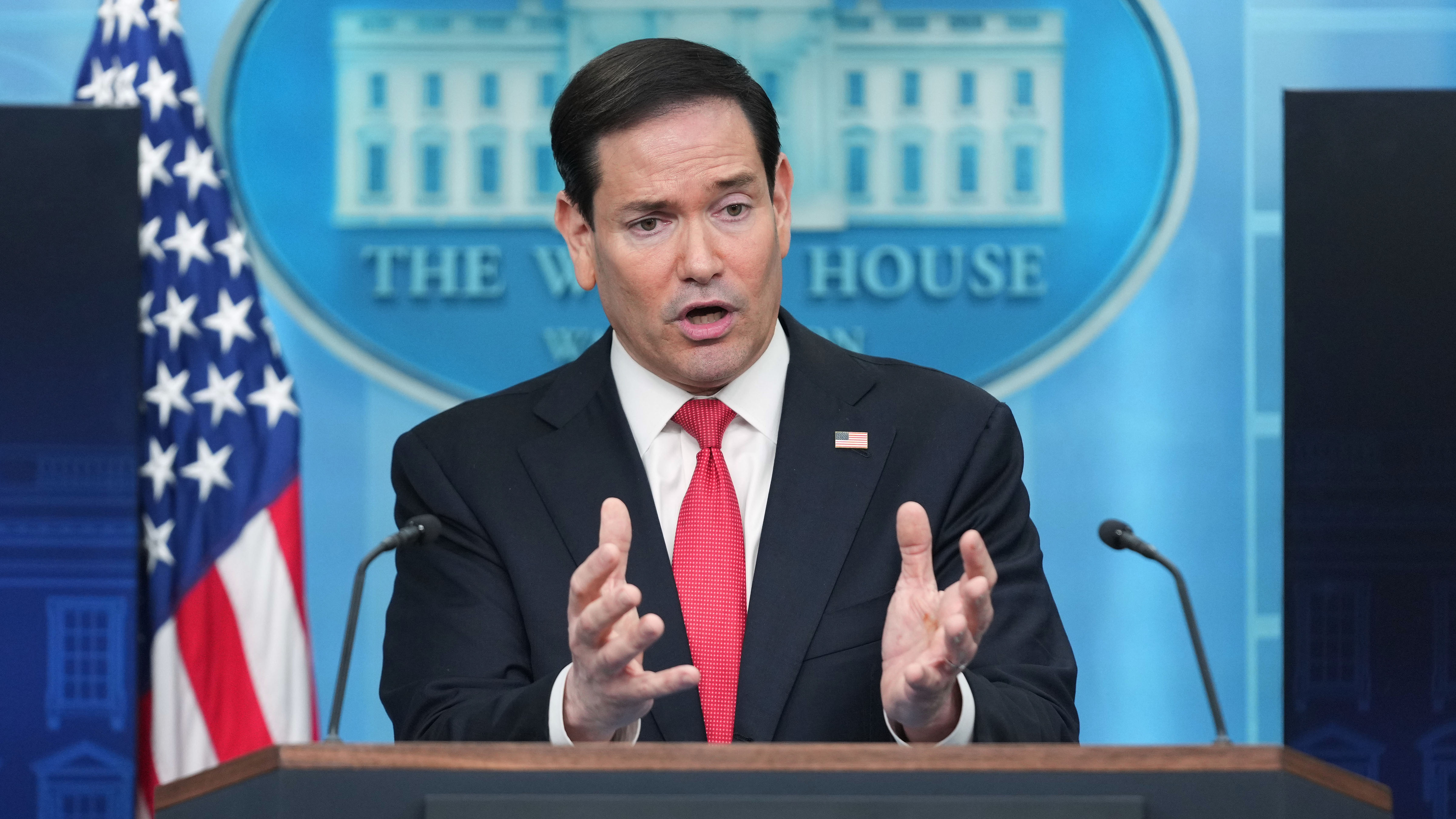 Secretary of State Marco Rubio speaks during a press briefing in the James Brady Press Briefing Room at the White House in Washington, Tuesday, May 5, 2026.