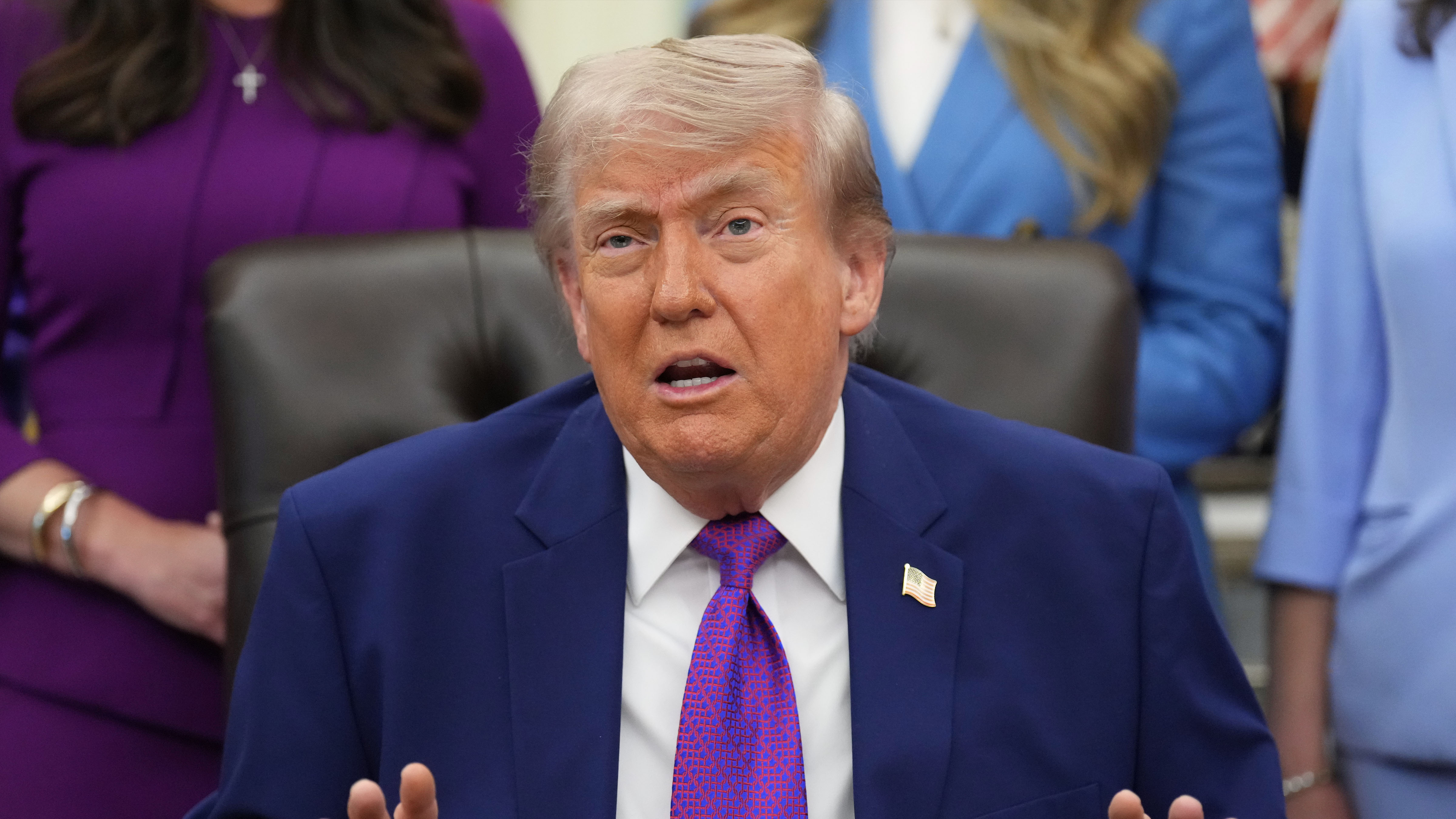 President Donald Trump speaks to reporters at an event about maternal healthcare, Monday, May 11, 2026, in the Oval Office of the White House, in Washington.