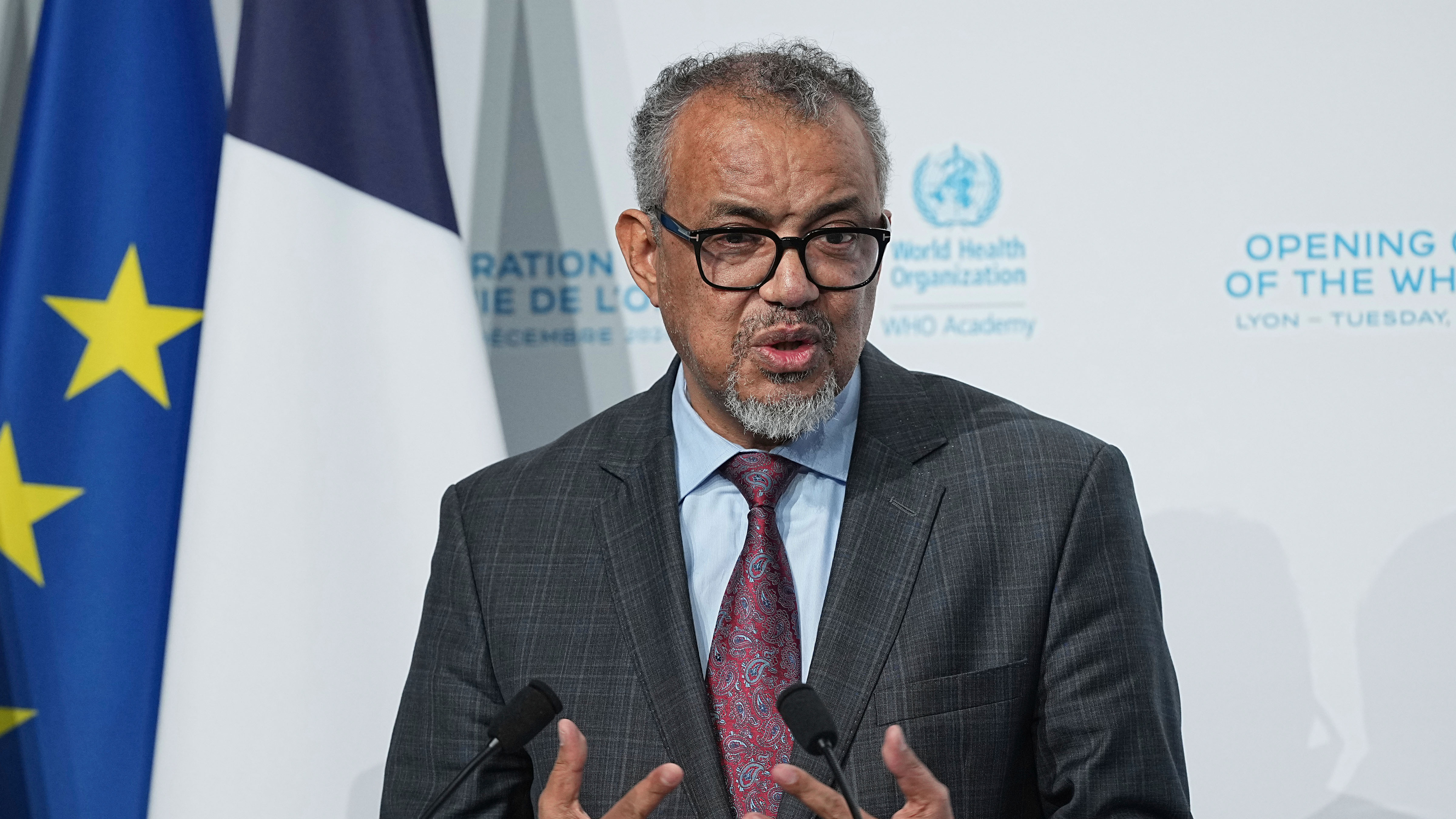 Tedros Adhanom Ghebreyesus, the WHO Director General, delivers his speech after inaugurating the WHO Academy campus Tuesday, Dec. 17, 2024 in Lyon, central France.