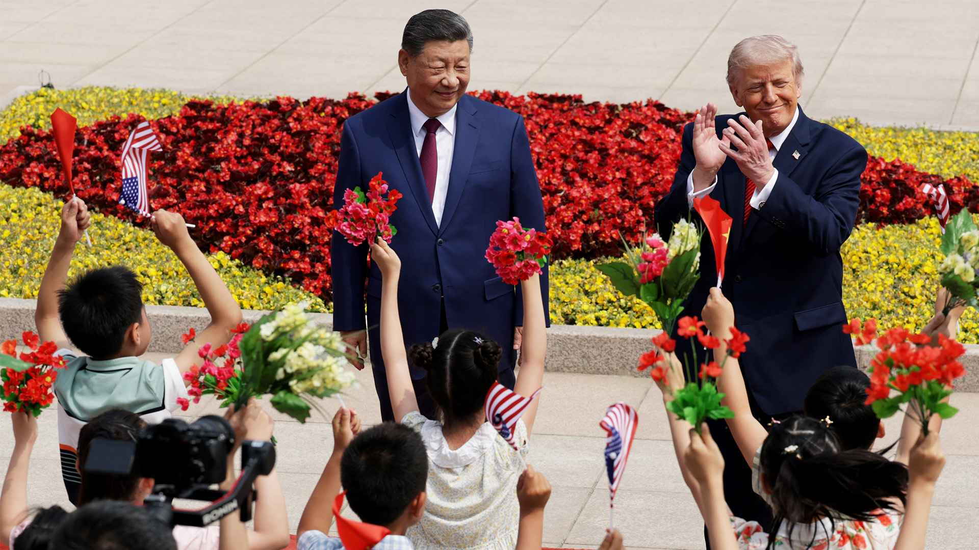 President Donald Trump and Chinese President Xi Jinping attend a welcome ceremony at the Great Hall of the People on May 14, 2026 in Beijing.