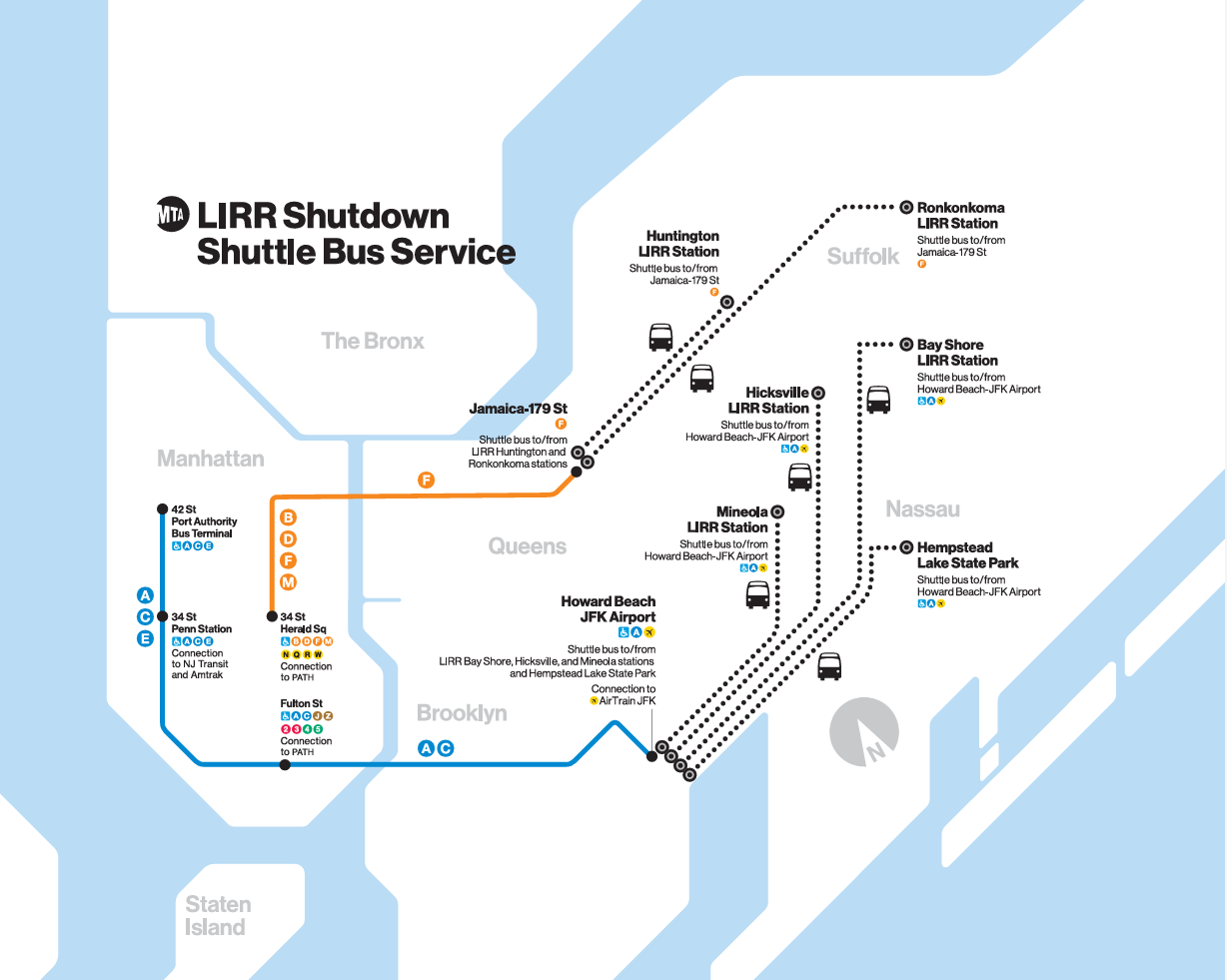 MTA map of shuttle bus options in the event of an LIRR strike.