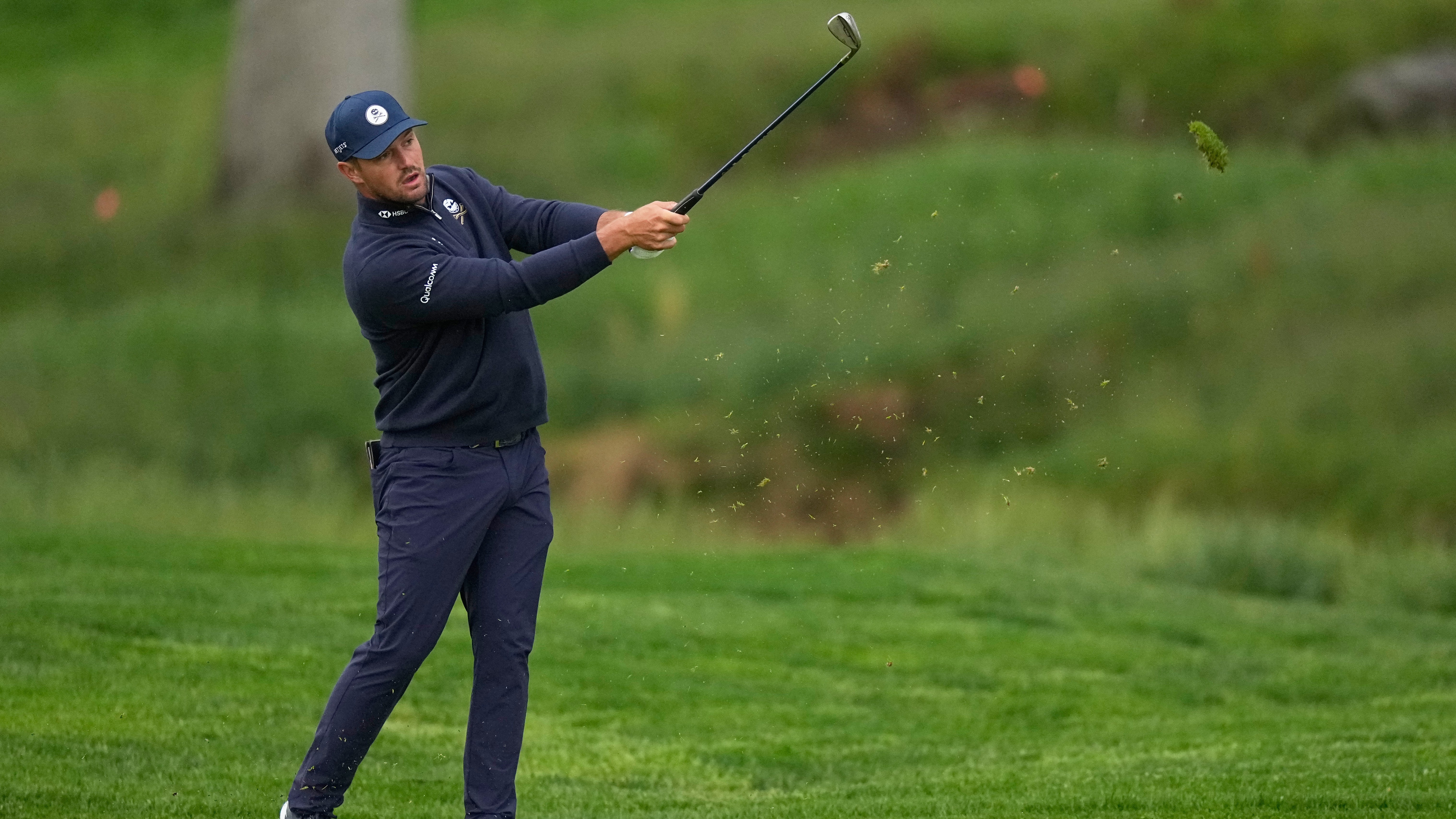 Bryson DeChambeau hits from the fairway on the 10th hole during the first round of the PGA Championship at Aronimink Golf Club, Thursday, May 14, 2026, in Newtown Square, PA.