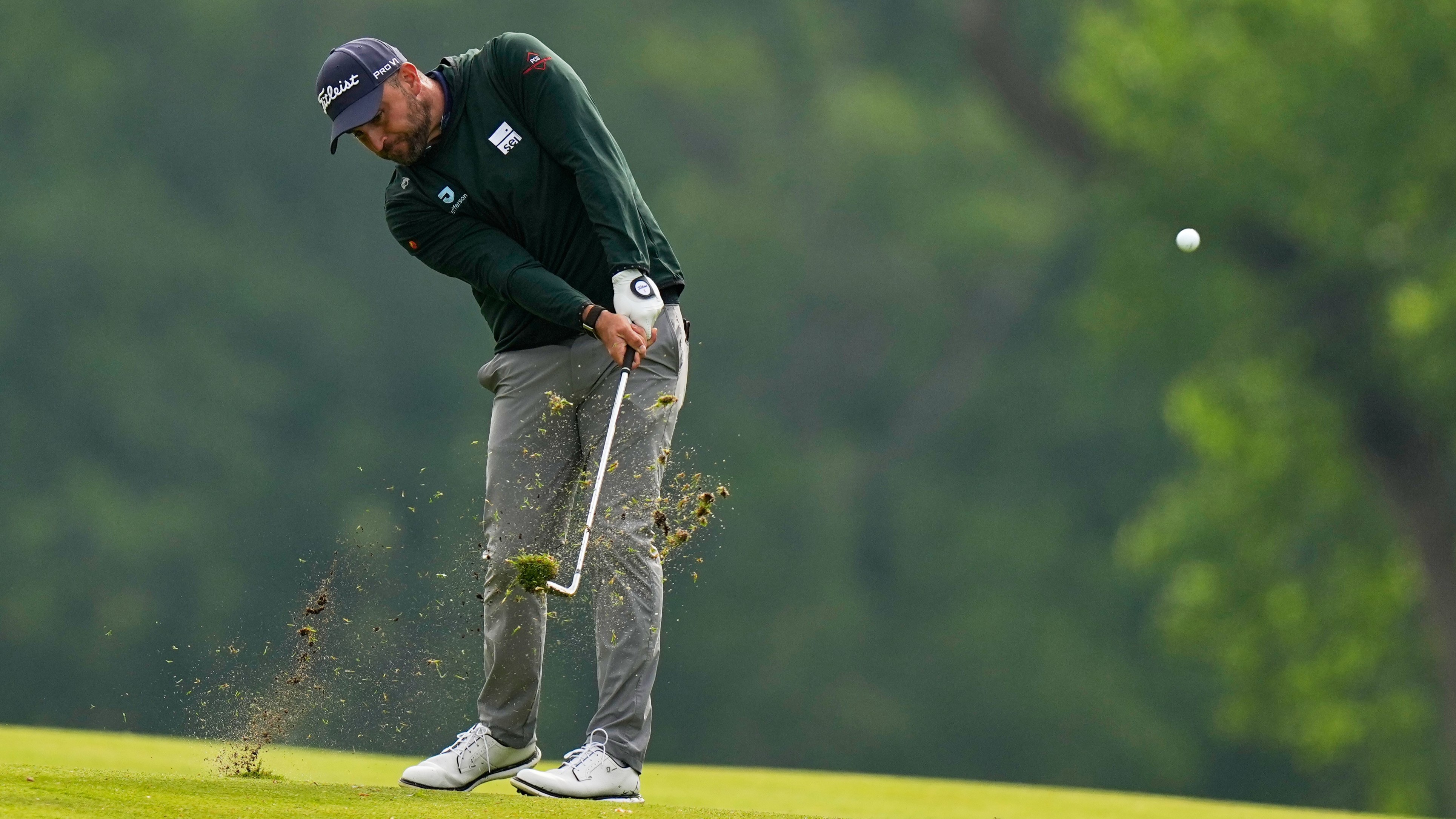 Braden Shattuck hits from the fairway on the 10th hole during the first round of the PGA Championship at Aronimink Golf Club, Thursday, May 14, 2026, in Newtown Square, PA.