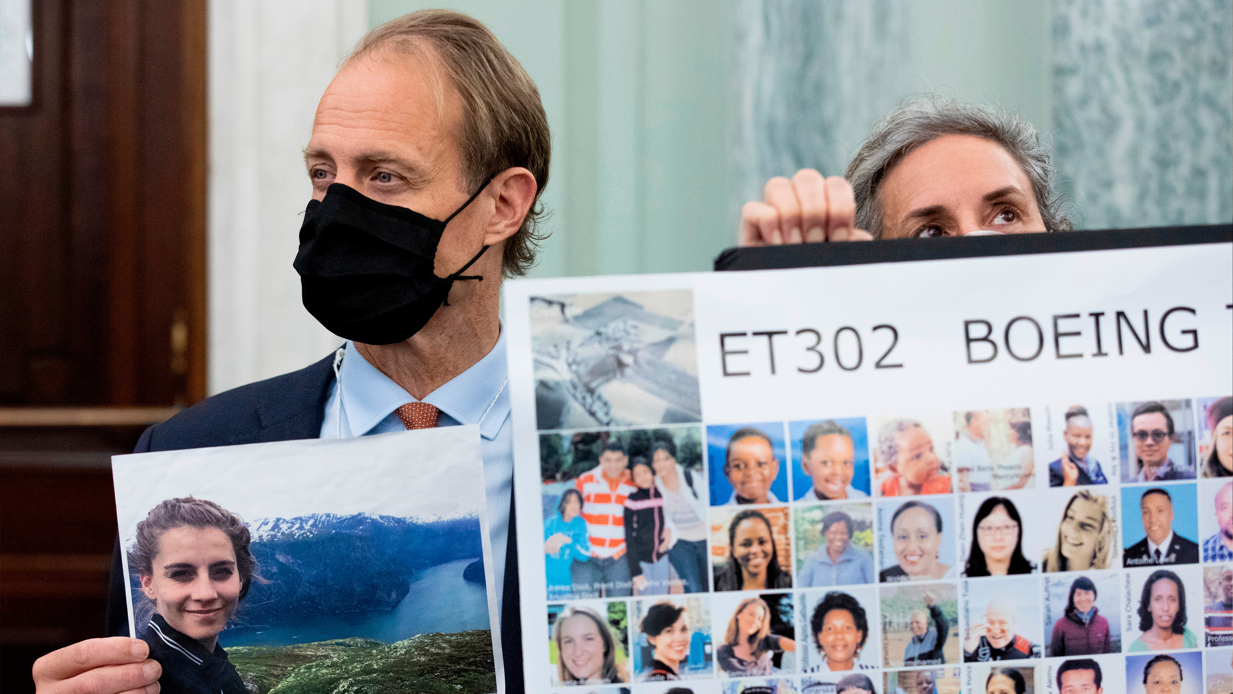 Michael Stumo, holding a photo of his daughter Samya Stumo, during a Senate Committee hearing on the implementation of aviation safety reform at the U.S. Capitol in Washington, Nov. 3, 2021. 