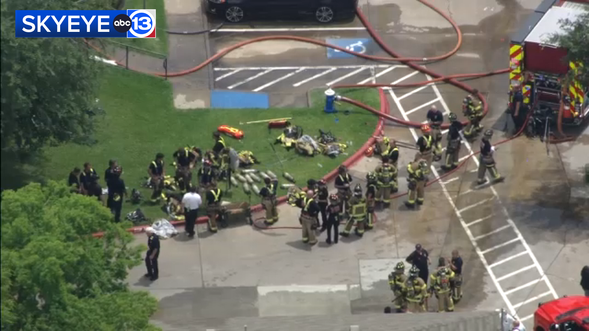 Dozens of firefighters were involved in the response to an apartment fire in the Copperfield area, SkyEye13 images showed.