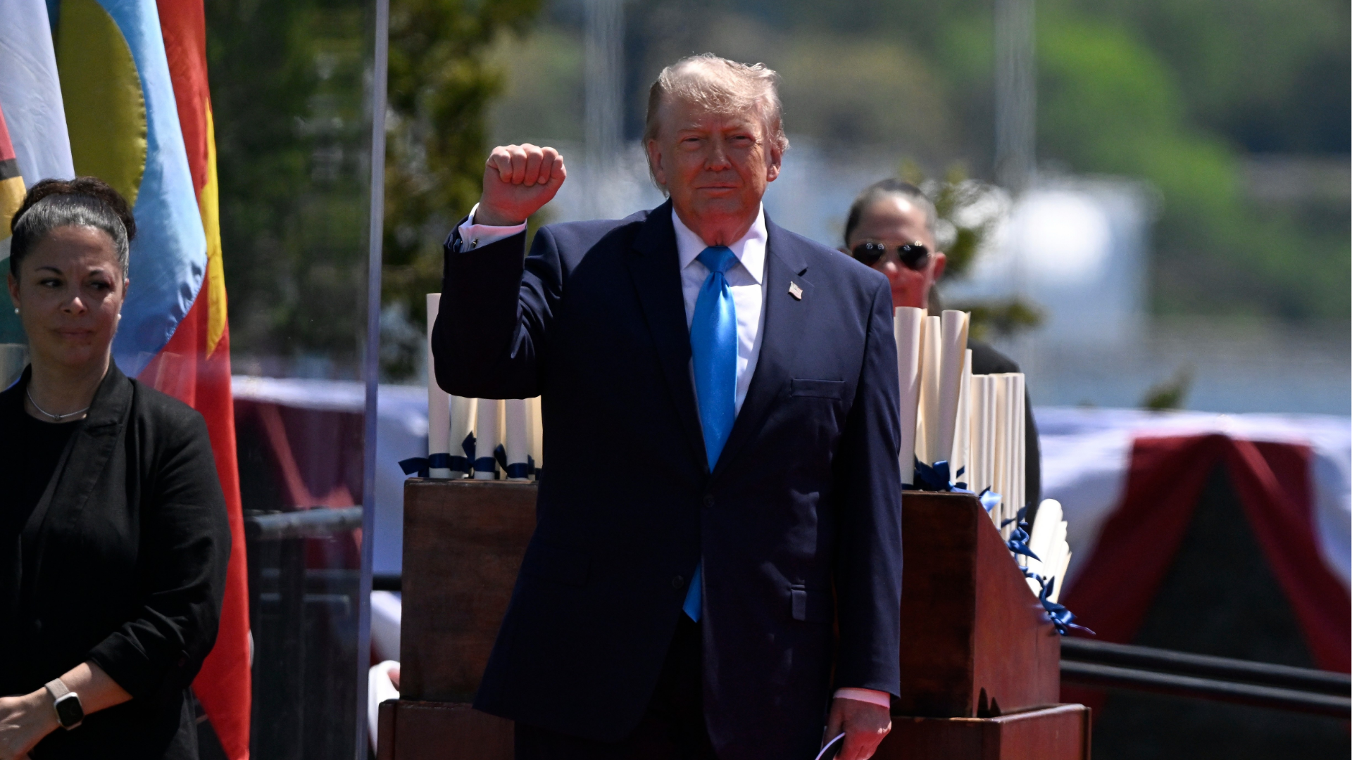 President Donald Trump gestures while on stage for the commencement address at the U.S. Coast Guard Academy in New London, Conn., Wednesday, May 20, 2026.