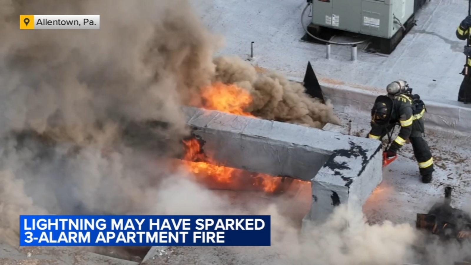 Firefighters battle rooftop blaze at apartment building