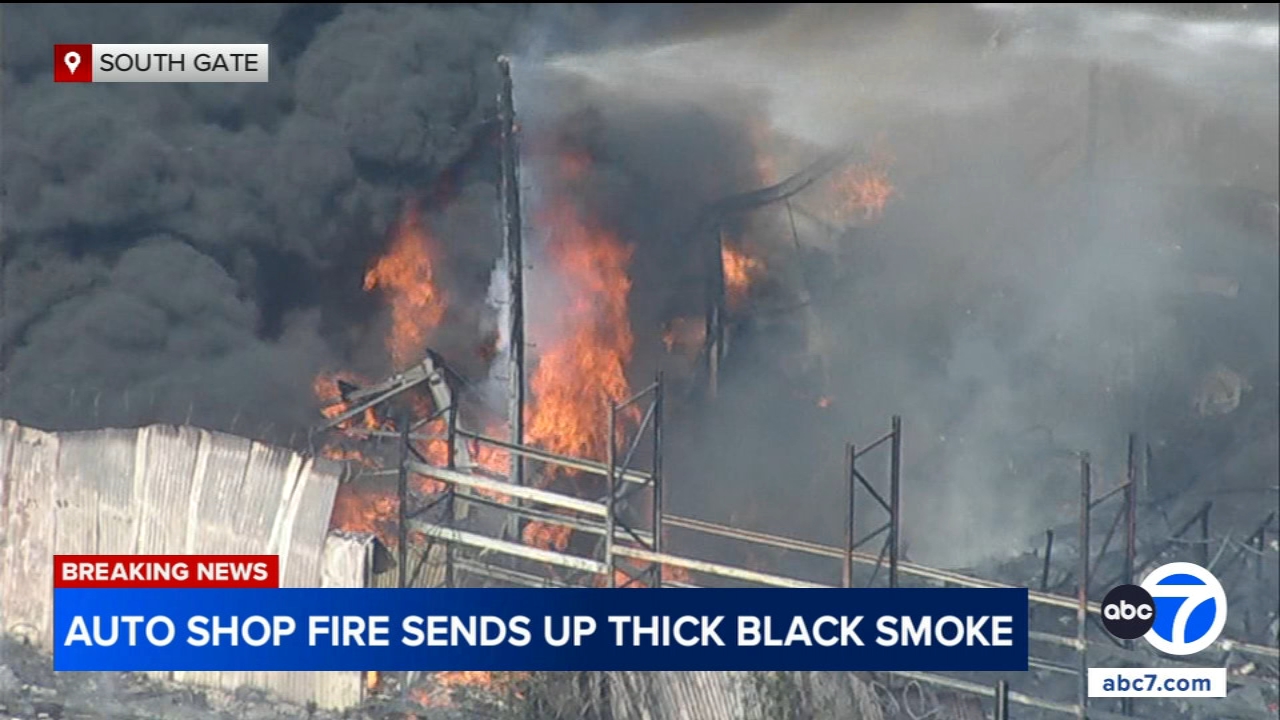 Massive auto shop fire in South Gate prompts shelter-in-place order; power outage reported nearby