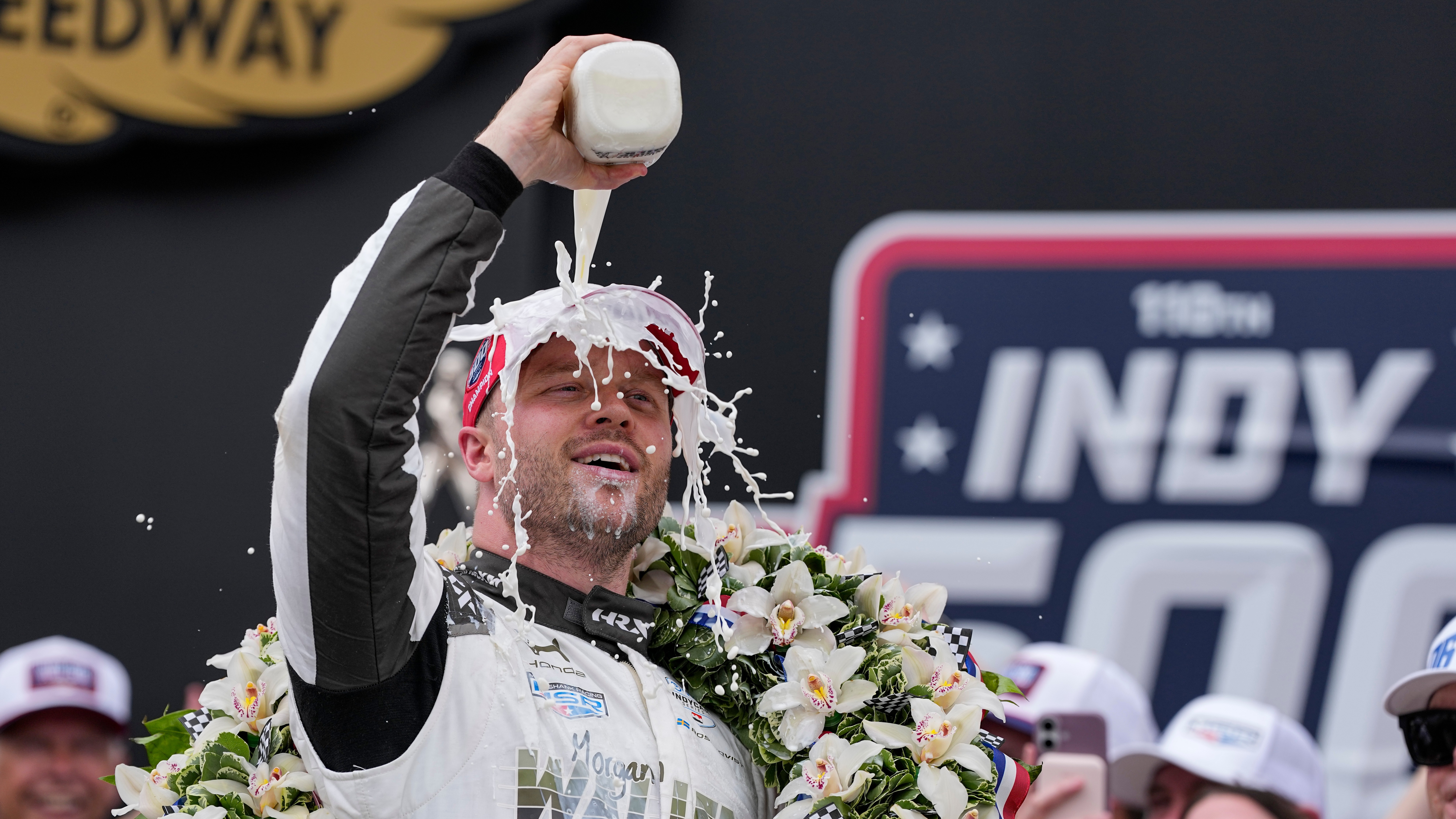 Felix Rosenqvist, of Sweden, celebrates after winning the Indianapolis 500 auto race at Indianapolis Motor Speedway in Indianapolis, Sunday, May 24, 2026. (AP Photo/Michael Conroy)