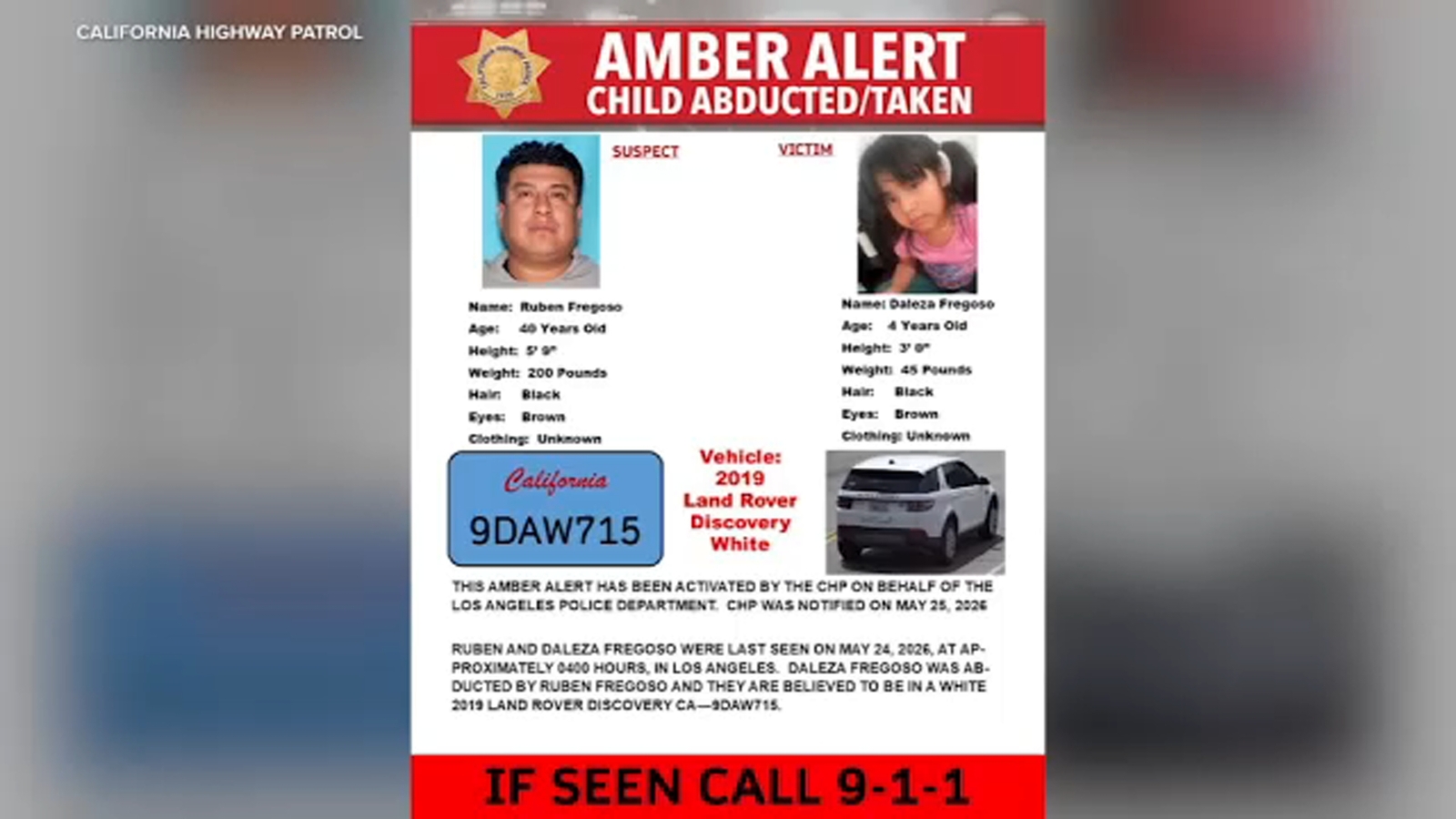 Amber Alert issued for 4-year-old girl last seen near the Crenshaw District in Los Angeles, CHP says Amber Alert issued for 4-year-old girl last seen near the Crenshaw District in Los Angeles, CHP says