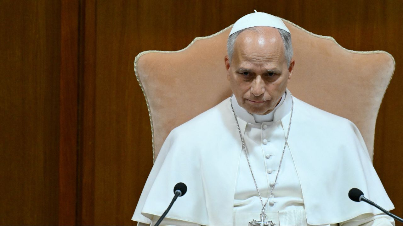 Pope Leo XIV attends the presentation of his first Encyclical Letter 'Magnifica Humanitas' focused on the rise of artificial intelligence, in The Vatican on May 25, 2026.