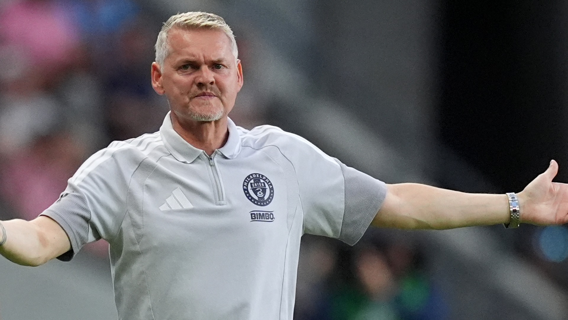 Philadelphia Union head coach Bradley Carnell reacts on the sideline during the first half of an MLS soccer match against Inter Miami, Sunday, May 24, 2026, in Miami.