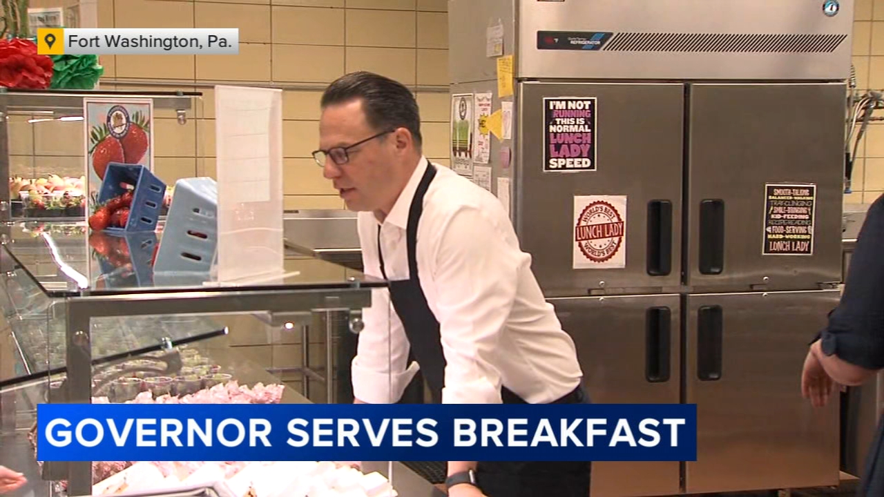Pennsylvania Governor Josh Shapiro serves breakfast to students in Montgomery County