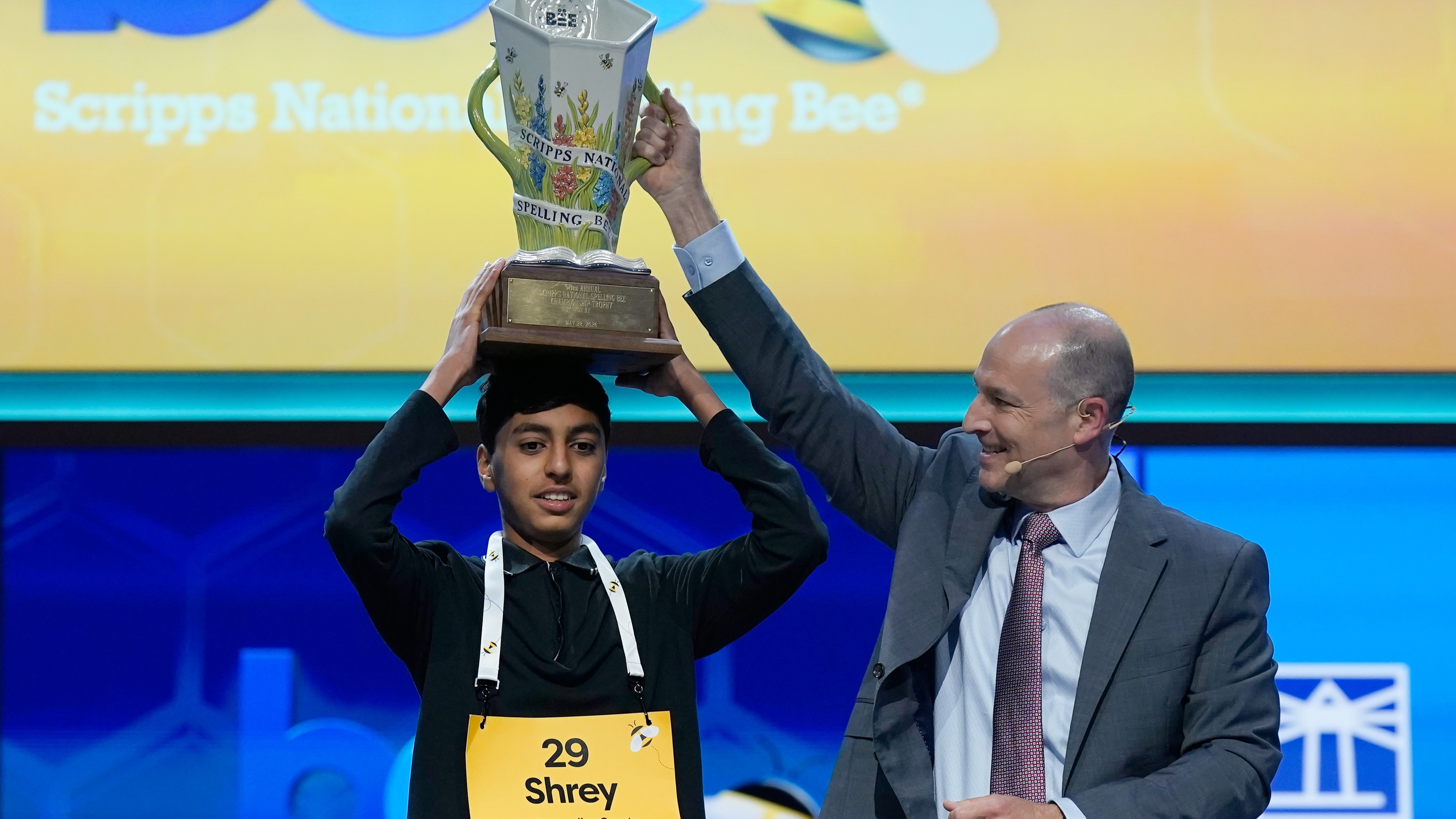 Shrey Parikh, 14, of Rancho Cucamonga, Calif., is crowned winner of the 2026 Scripps National Spelling, Thursday, May 28, 2026, in Washington.