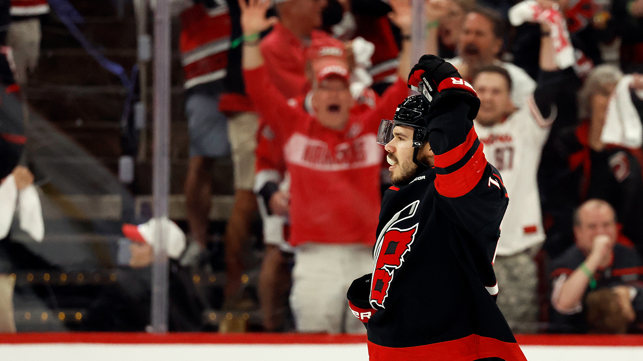 Logan Stankoven celebrates his goal against the Montreal Canadiens during the first period on Friday in Raleigh.